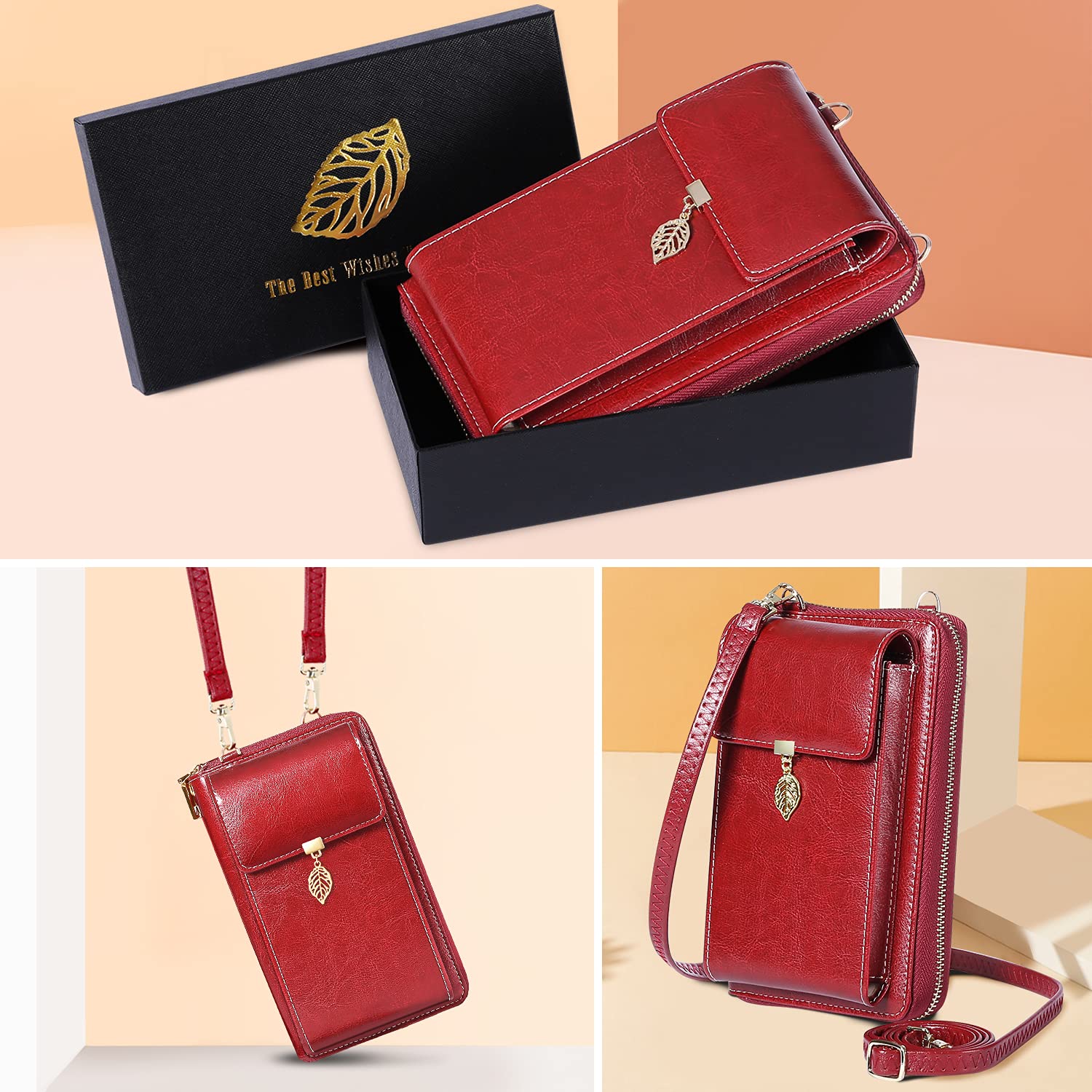 HUANLANG Women's Leather Crossbody Phone Bag - Small Cell Phone Purse Wallet for iPhone, Samsung - Perfect for Travel, Shopping, and Daily Use