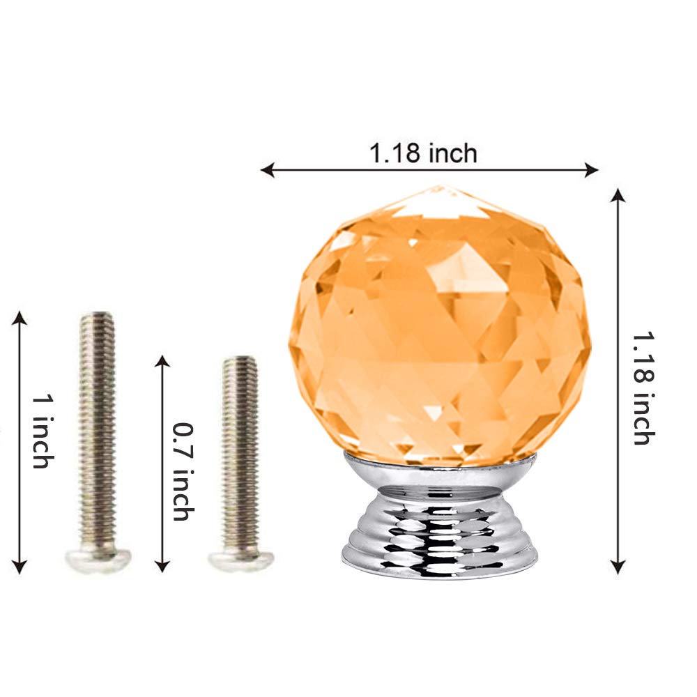 12pcs 30mm Crystal Glass Cabinet Knobs - Amber for Kitchen, Dresser, Cupboard