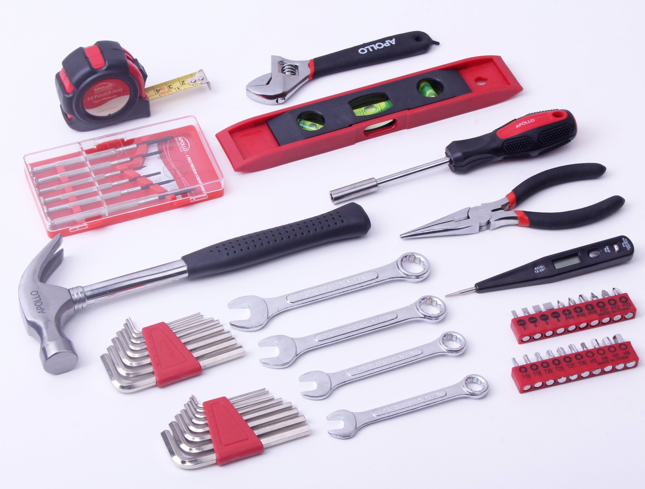**Apollo Tools DT9408 53-Piece Household Tool Kit with Wrenches, Screwdrivers & Essential Hand Tools in Durable Storage Case (Red) - Perfect for Home Repairs, DIY Projects & Emergency Fixes**
