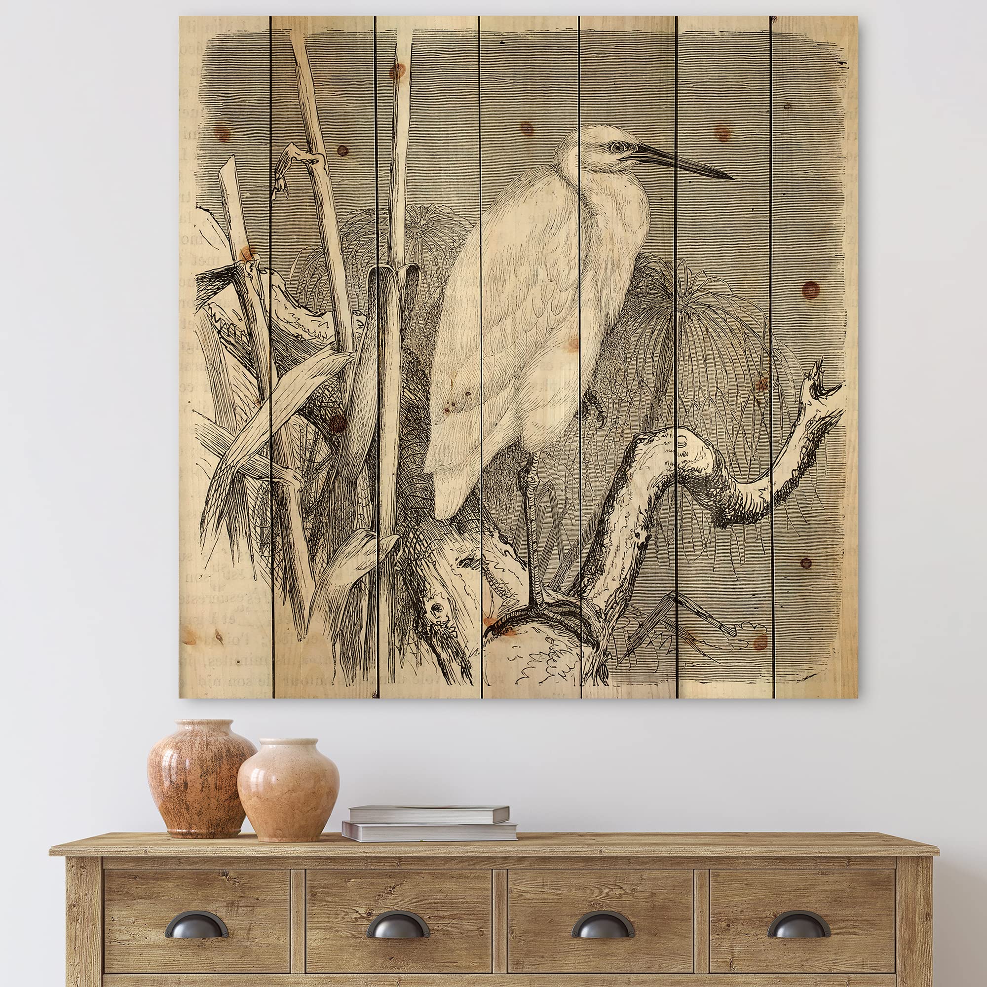DesignQ Little Egret Bird Farmhouse Wood Wall Decor - Grey Wooden Wall Art with Large Animal Prints on Natural Pine - Perfect for Rustic Home, Cabin & Farmhouse Interior Decor