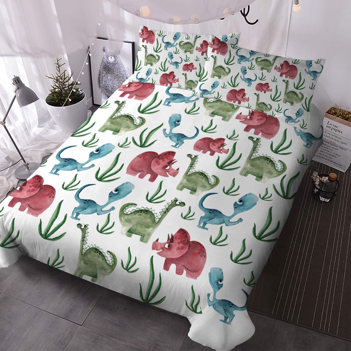 BlessLiving Boys Dinosaur Duvet Cover Set - 3 Piece Full Size Comforter Cover with Pillow Shams | Dino Themed Bedding Set with Zipper Closure & Ties | Perfect for Kids' Room Decor & Jurassic Themed Bedrooms