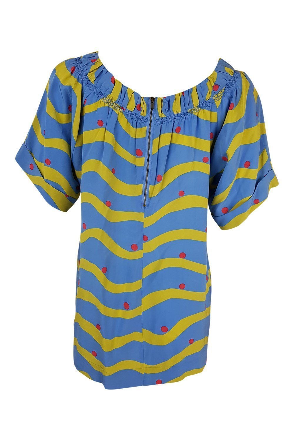 CHLOE Blue 100% Silk Striped & Dotted Short Sleeve Blouse (Size 36) | Women's Luxury Fashion Top for Office, Date Night & Special Occasions