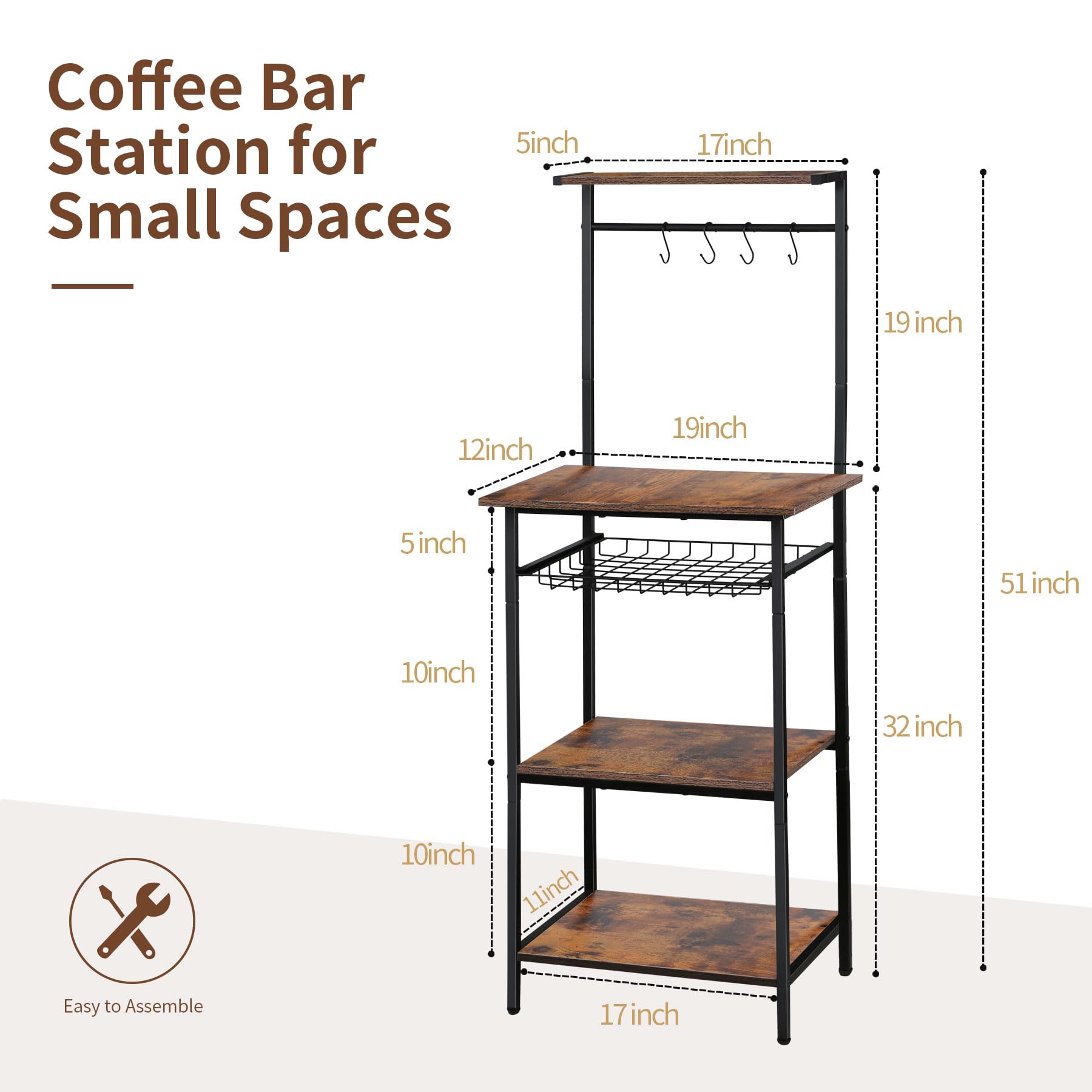 5-Tier Small Coffee Bar Station with Pullout Wire Basket - Compact Corner Coffee Cart for Kitchen, Living Room & Small Spaces - Perfect Mini Narrow Bakers Rack for Home, Office or Dorm Use