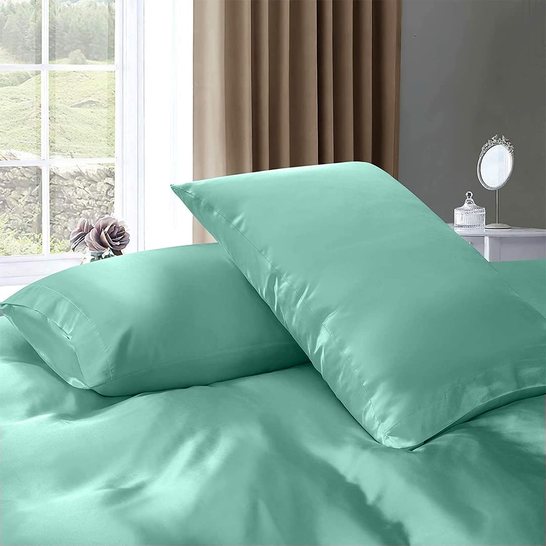 Luxury 7-Piece Silk Satin Sheet Set - Queen Size Cooling Bedding with Deep Pockets | Breathable, Wrinkle-Free & Ultra Soft | Hotel Quality Comforter Cover & Pillowcases | Perfect for Hot Sleepers & Luxury Bedroom Decor - Aqua Blue