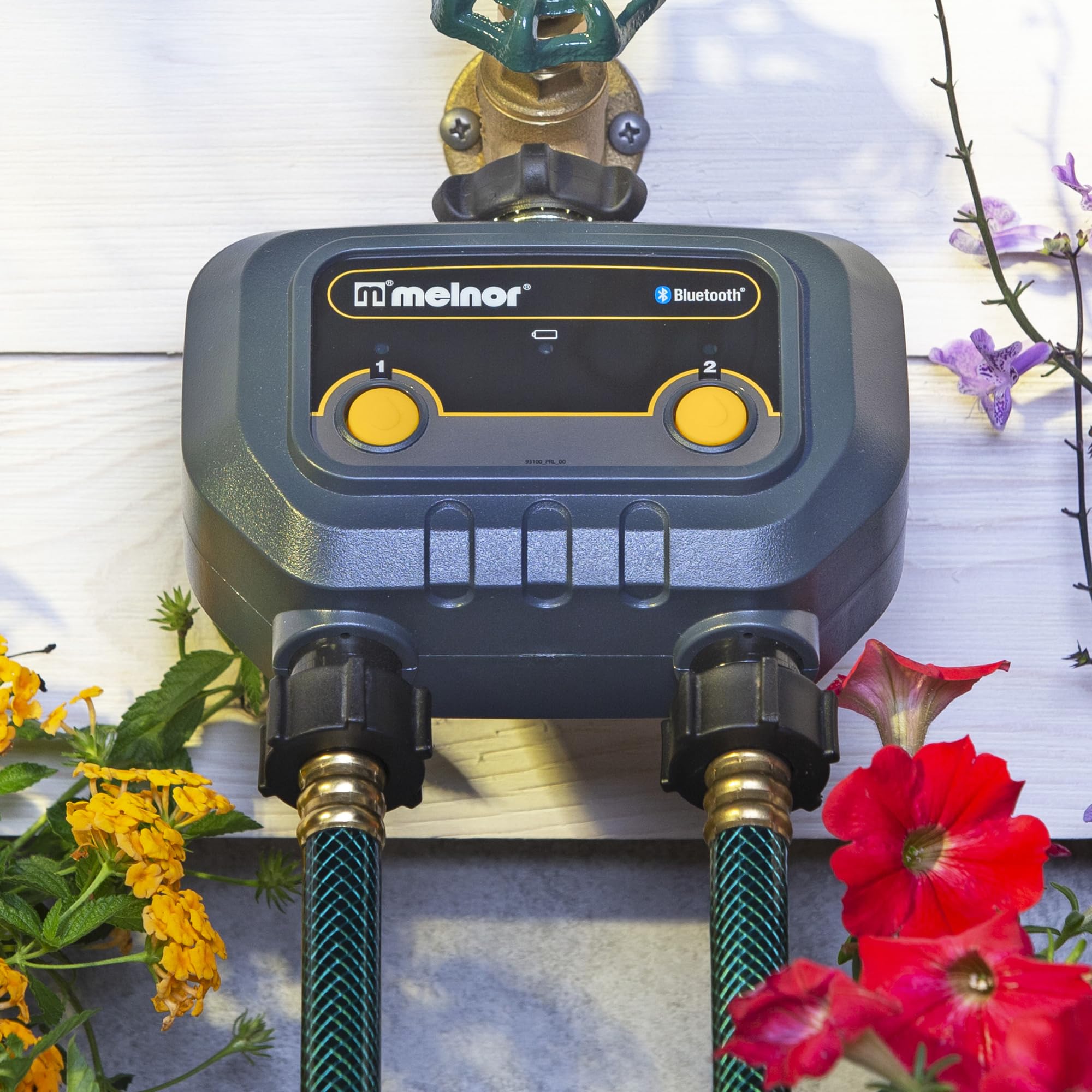 Melnor 65183AMZ Bluetooth Smart Hose Timer - 2-Zone Programmable Watering System with Quick Connect | Automatic Garden Irrigation for Lawns, Flower Beds & Potted Plants | Weatherproof Black & Yellow Design