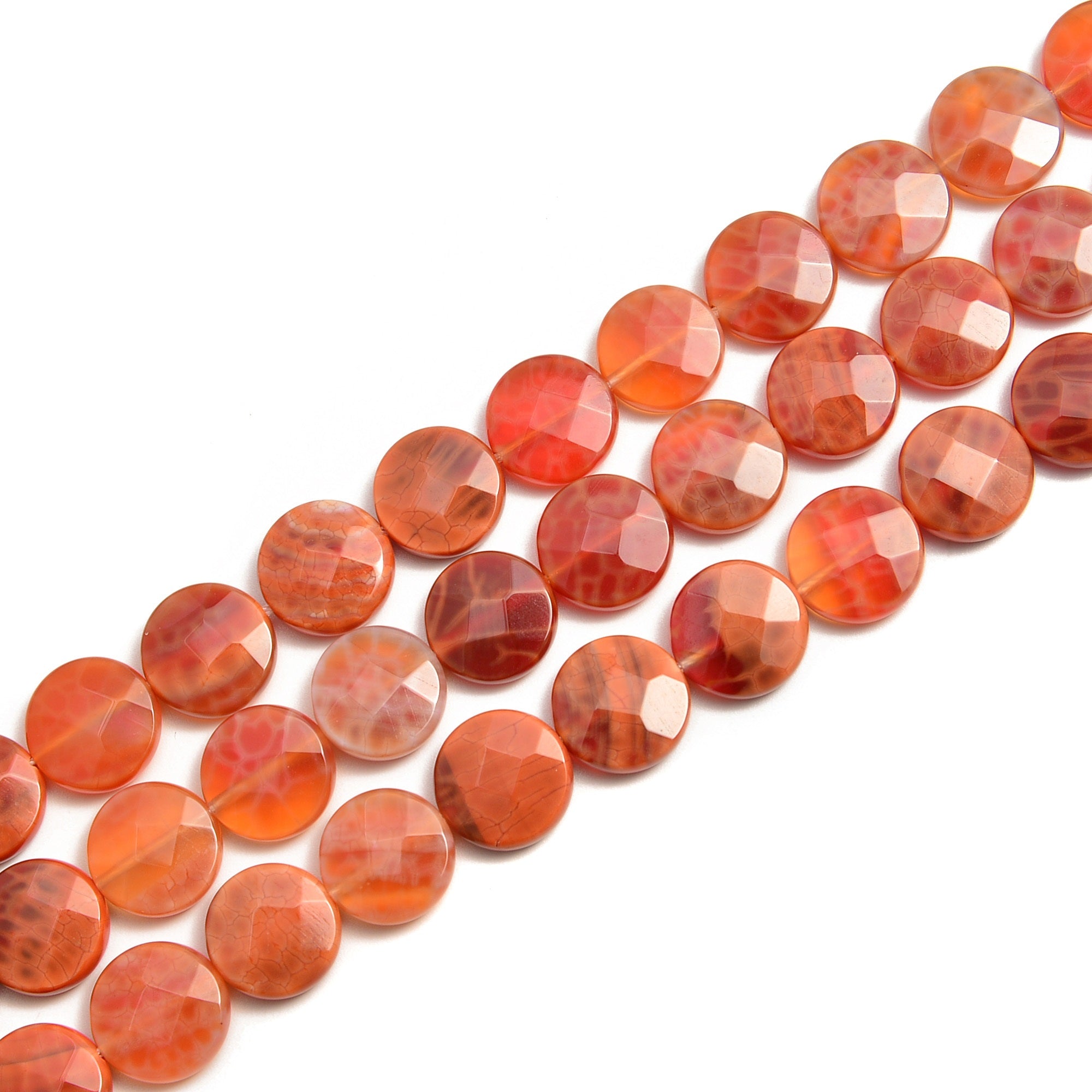 Burnt Orange Fire Agate Faceted Flat Round Coin Beads - 10mm, 12mm, 15.5mm Strand - Jewelry Making Supplies for Necklaces, Bracelets & DIY Crafts