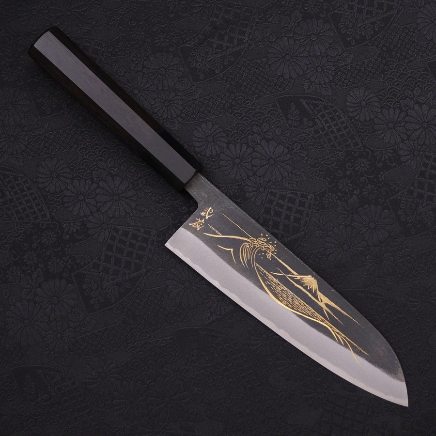 Premium Santoku Knife 170mm - Blue Steel #2 Kurouchi Finish with Buffalo Ebony Handle - Japanese Kitchen Knife for Professional Chefs & Home Cooking - Perfect for Slicing, Dicing & Mincing Vegetables, Meat & Fish