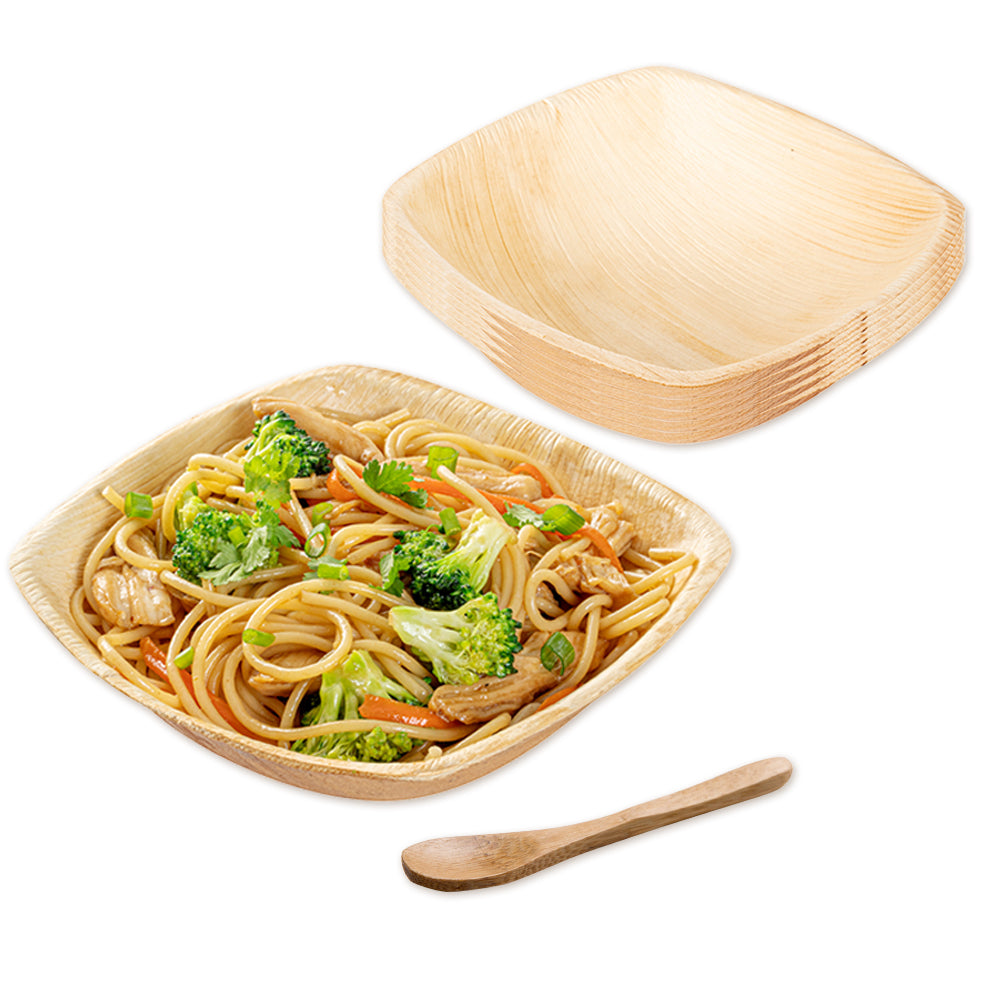 100 Pack Midori 7 oz Square Palm Leaf Bowls & 100 Natural Bamboo 3.5