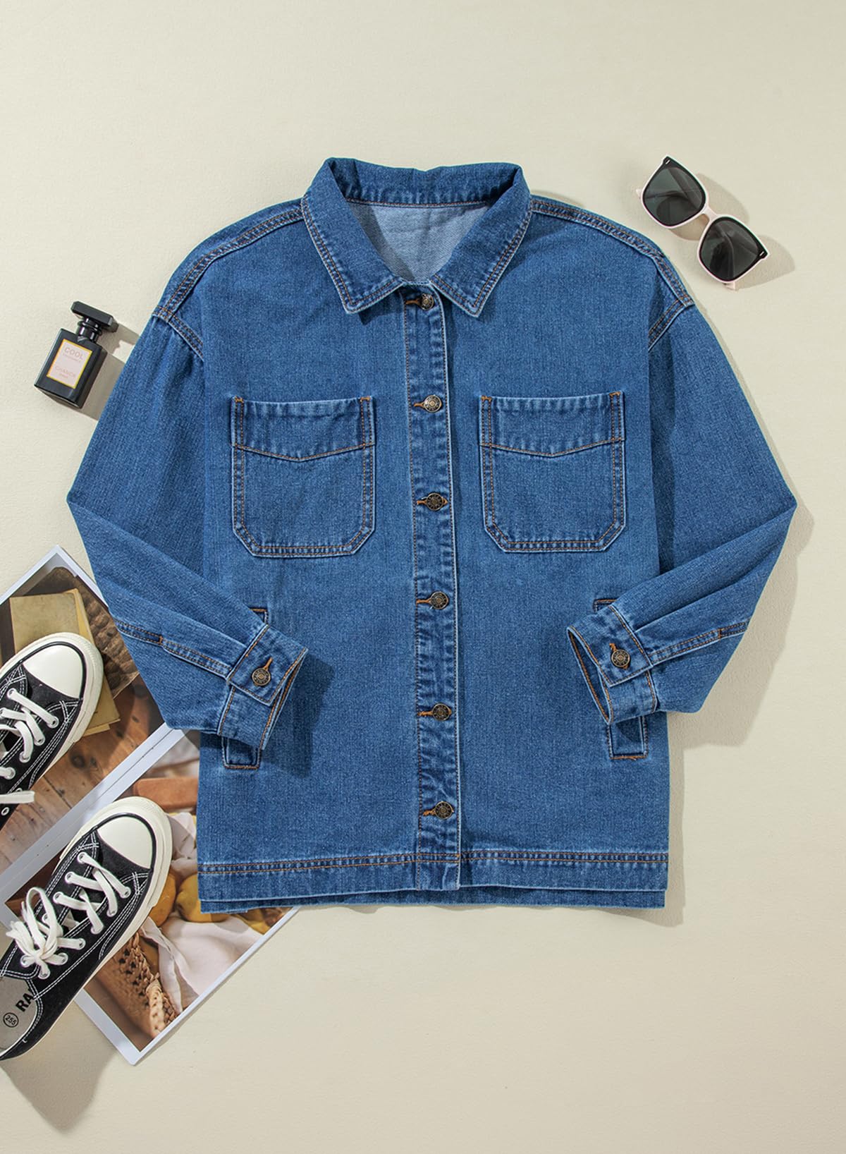 Sidefeel Women's Oversized Boyfriend Denim Jacket - Long Sleeve Button Up Jean Jacket with Split Hem | Casual Streetwear, Spring/Fall Layering Essential for Women's Fashion