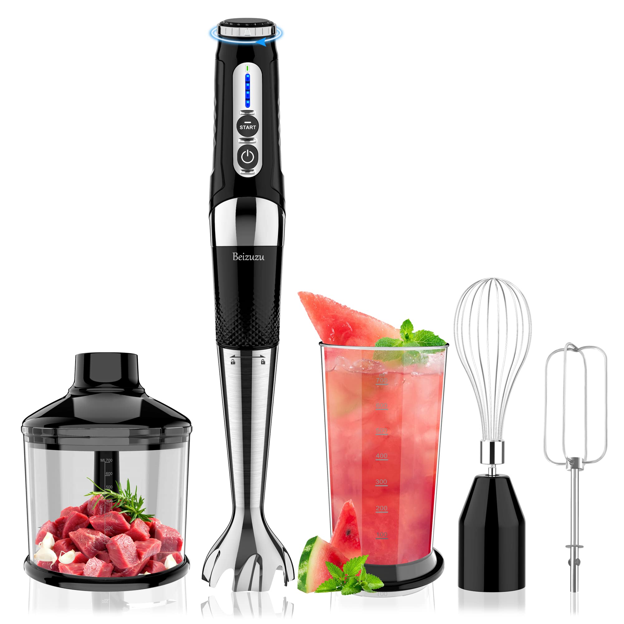4-in-1 USB Rechargeable Cordless Hand Blender - 21 Variable Speeds & 3-Angle Adjustable Immersion Blender with 700ml Chopper, Beaker, Egg Whisk & Beater - Perfect for Smoothies, Soups, Baby Food & Baking (Black) - Ideal for Kitchen, Camping & Small Spaces