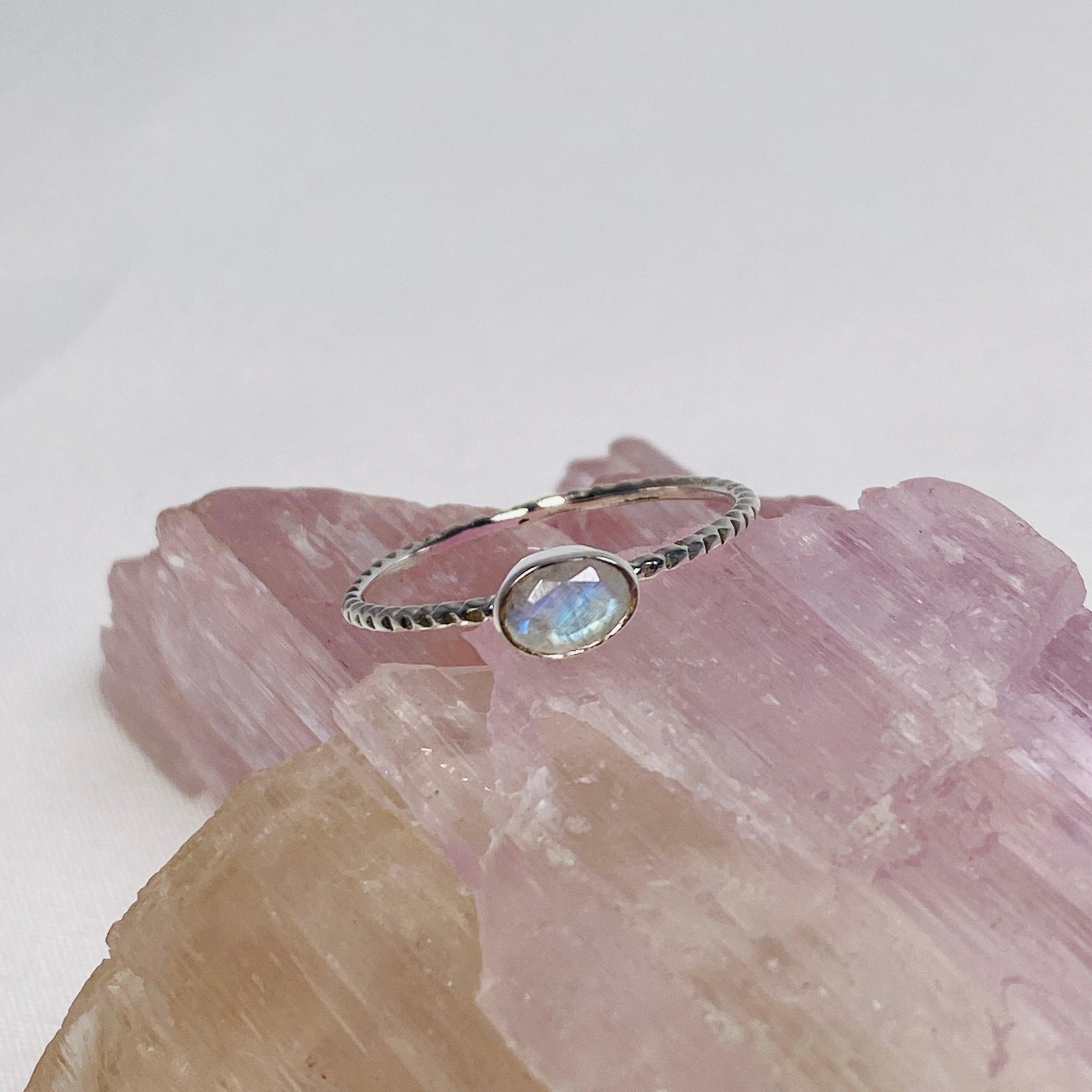 Moonstone Oval Faceted Fine Band Ring - Sterling Silver 925, Dainty Minimalist Jewelry for Women, Perfect for Everyday Wear & Special Occasions