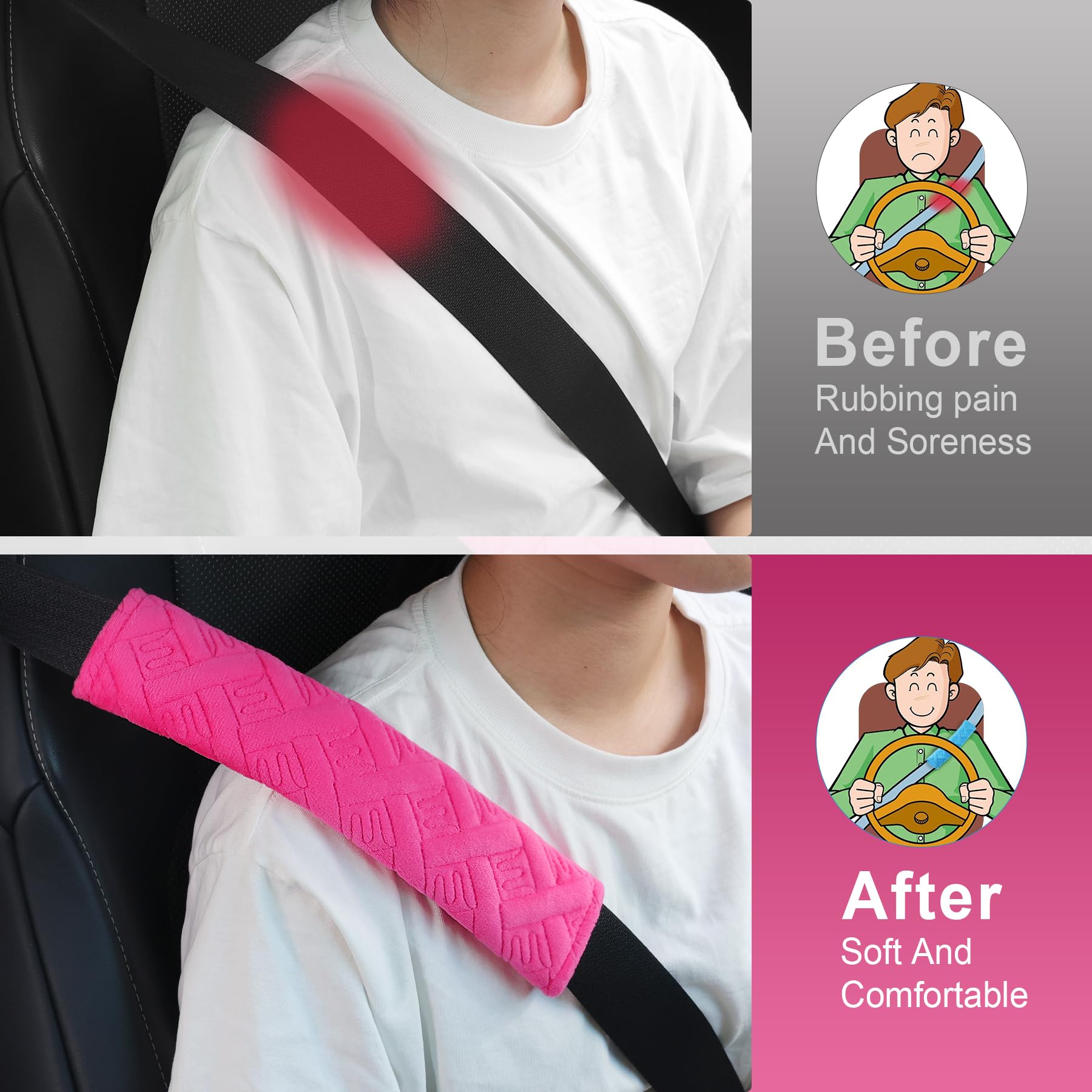 JUSTTOP 2-Pack Universal Car Seat Belt Pads - Soft Shoulder Strap Covers for Comfortable Driving - Car Interior Accessories (Deep Pink) - Perfect for Long Trips, Commuting and Daily Driving Comfort