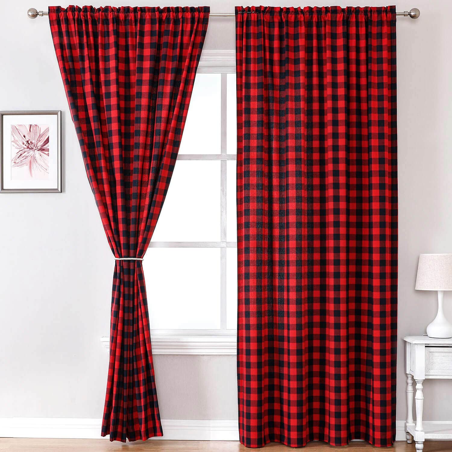 WUBODTI Red and Black Buffalo Plaid Curtains 63 Inch Length - 2 Panels Room Darkening Checkered Gingham Window Drapes for Farmhouse, Bedroom & Kitchen - Perfect for Holiday Decor, Christmas, Winter & Cozy Home Styling