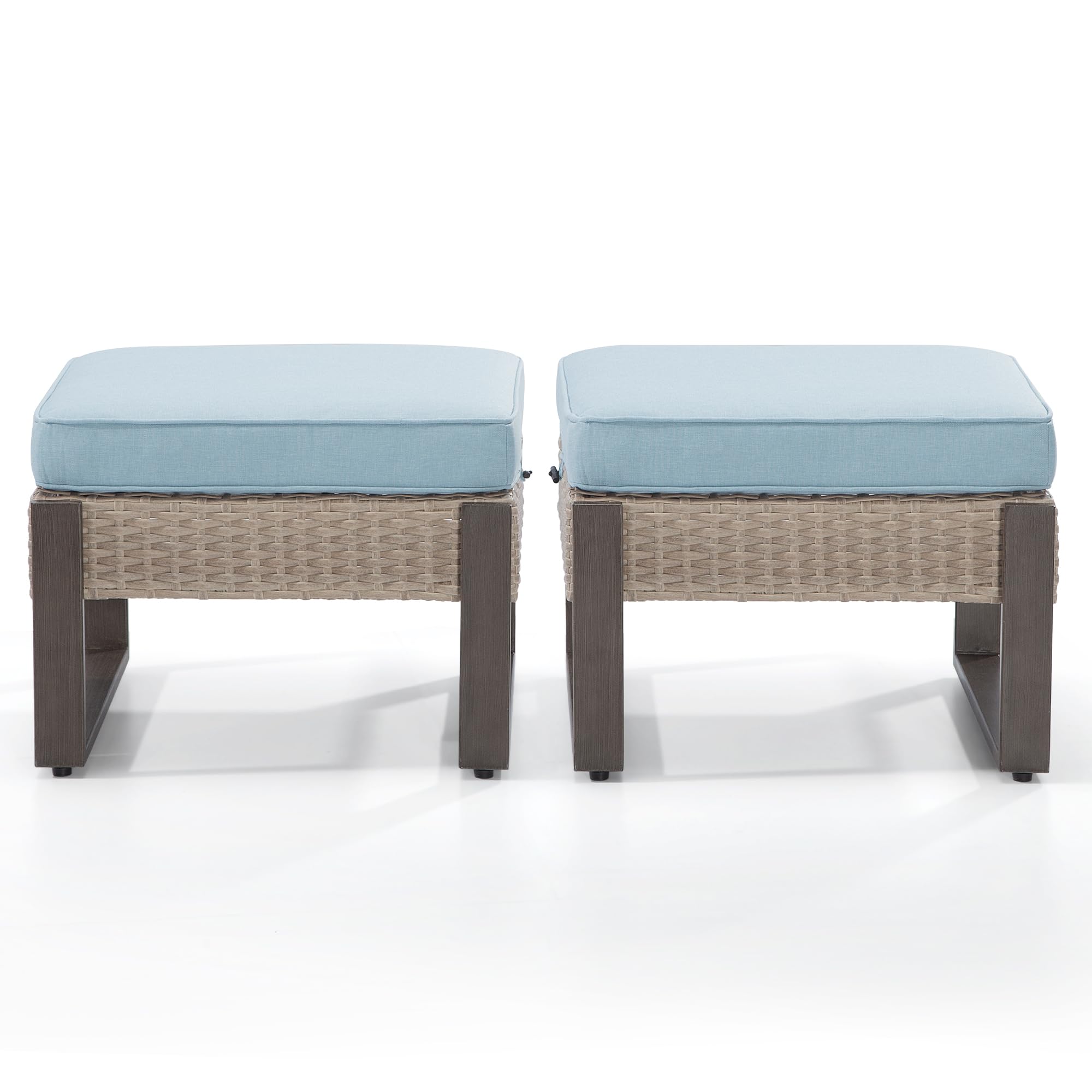 2-Piece Outdoor Patio Ottoman Set - All-Weather PE Rattan Footstools with Removable Cushions & Rust-Resistant Steel Frame - Light Blue - Perfect for Garden, Backyard, Porch, Deck and Poolside Relaxation