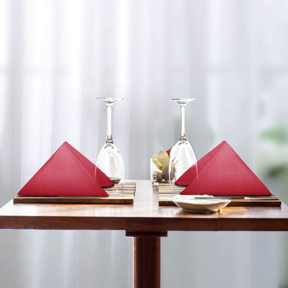 Premium 17x17 Inch Herringbone Polyester Cloth Napkins Set of 4 - Washable & Shiny Dinner Napkins in Wine Red for Family Dinners, Weddings, Cocktail Parties - Elegant Table Setting for Restaurants, Holiday Meals & Special Events
