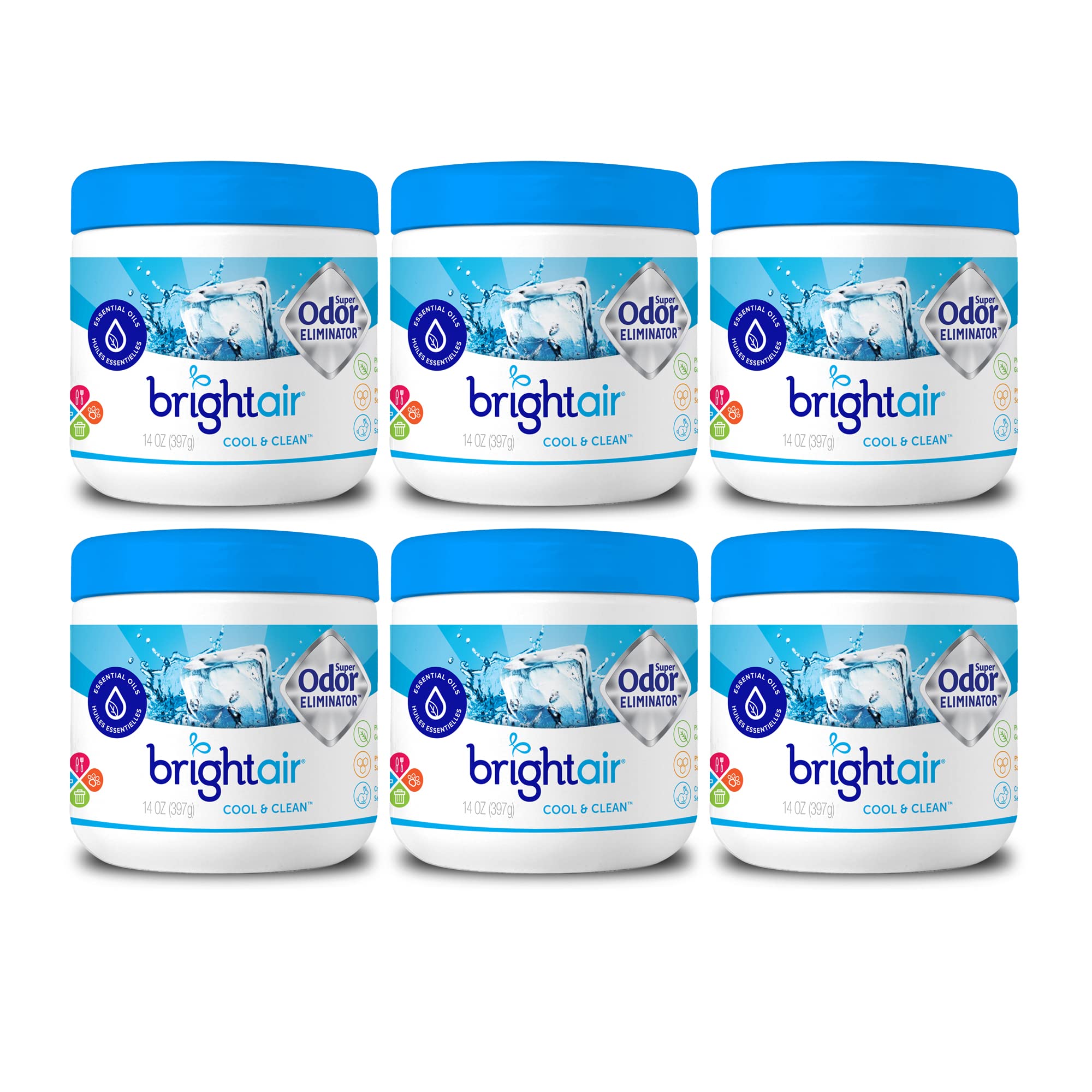 Bright Air Solid Air Freshener & Odor Eliminator - Cool & Clean Scent (14oz, 6-Pack) | Long-Lasting Fragrance for Home, Office, Car, Bathroom & Closet | Eliminates Pet & Cooking Odors