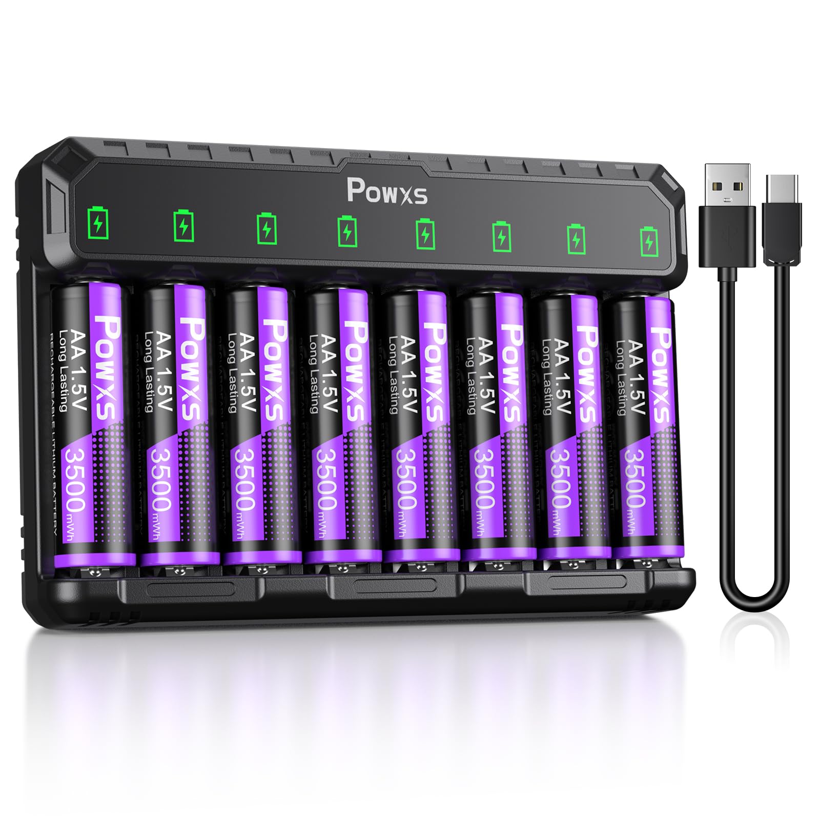 POWXS 3500mWh Rechargeable AA Lithium Batteries 8 Pack with Universal AA/AAA Charger - 1.5V Long Lasting Power for Blink Cameras, Flashlights, Wireless Keyboards & Smart Home Devices