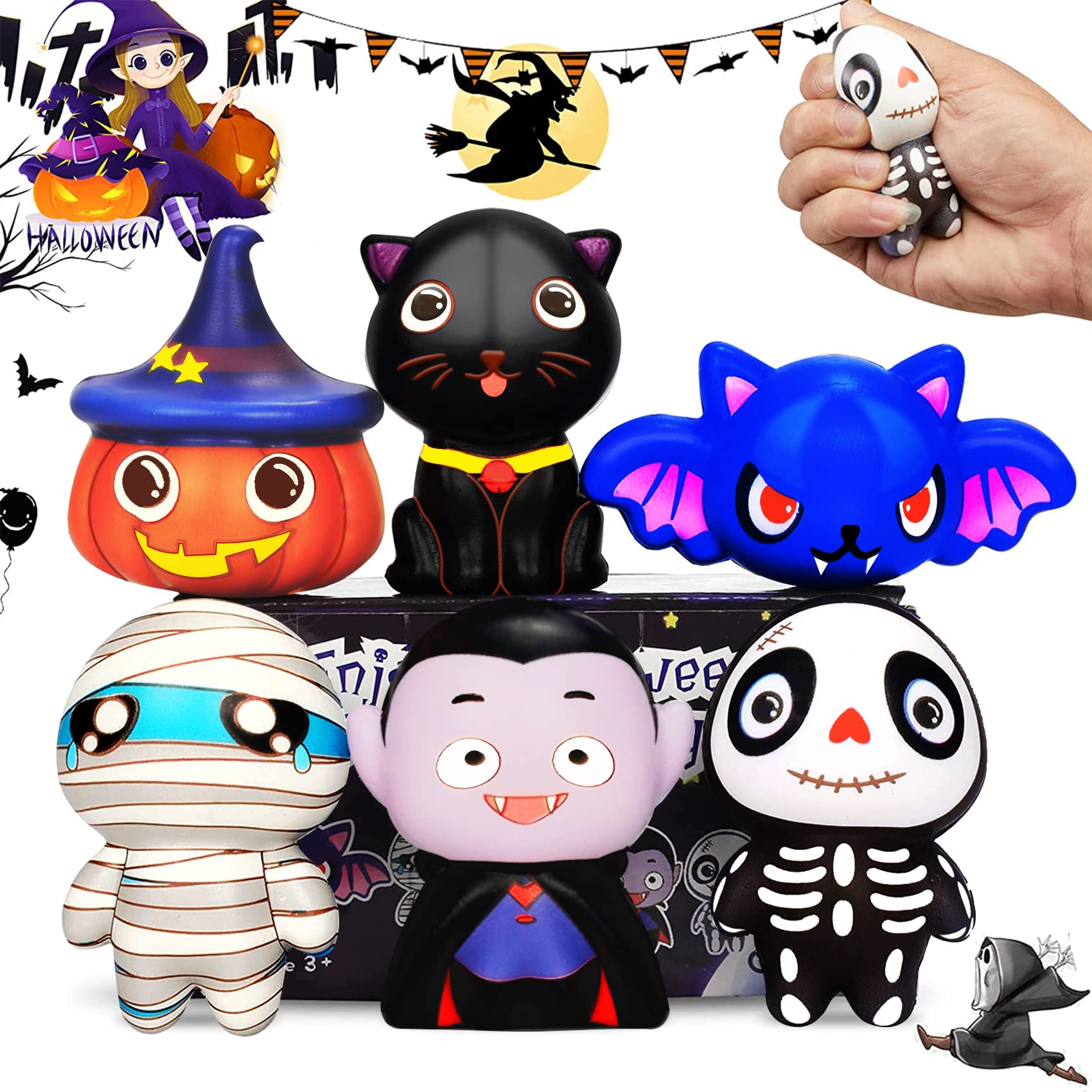 Halloween Squishies Toys 6 Pack - Pumpkin, Vampire, Black Cat, Mummy, Skeleton & Bat Slow Rising Stress Relief Toys | Super Soft Kawaii Squeeze Party Favors for Kids, Boys & Girls | Perfect for Trick-or-Treat Bags, Classroom Prizes & Birthday Goodie Bags