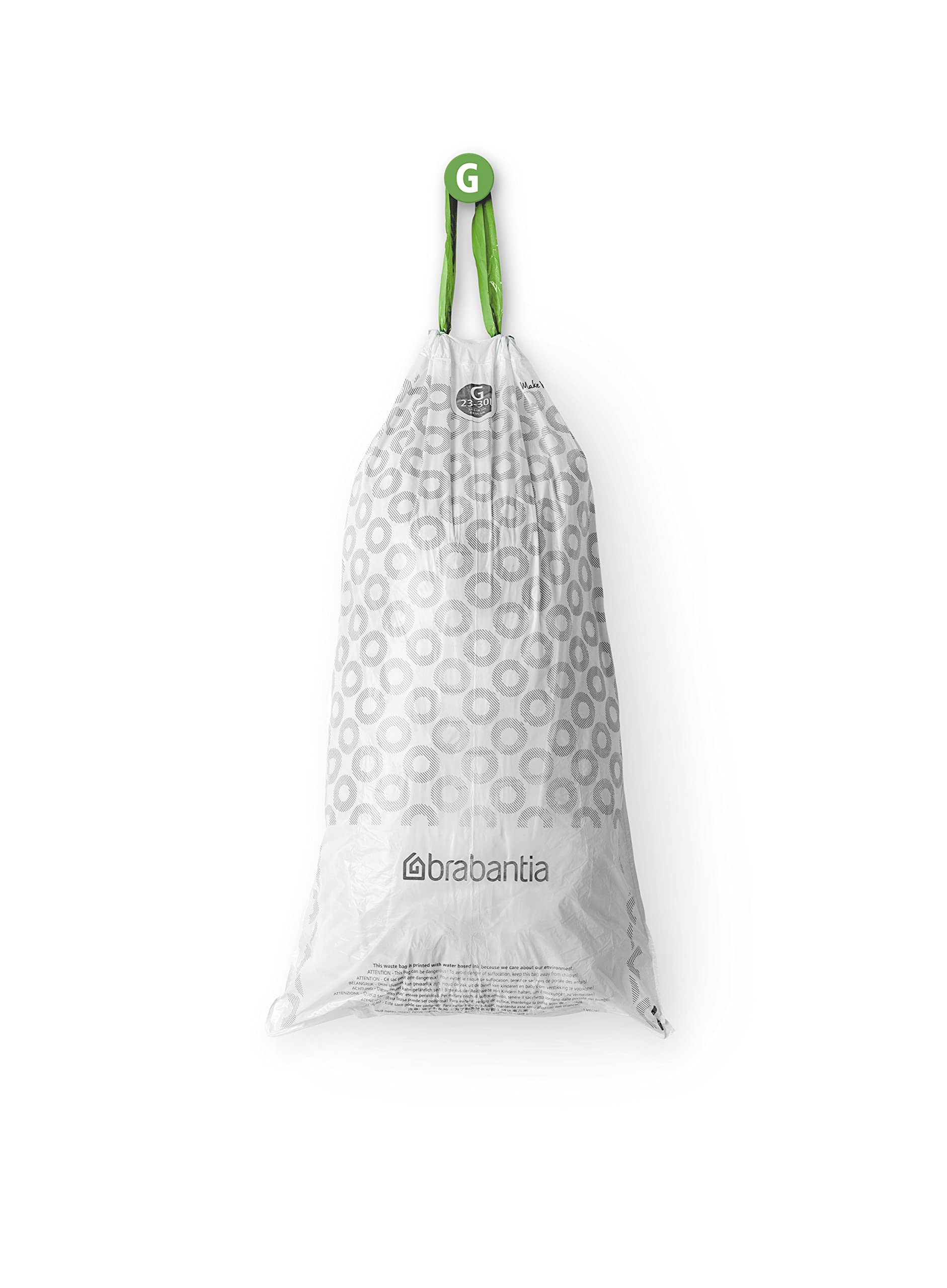 Brabantia PerfectFit 6-8 Gallon Trash Bags - Thick Plastic Drawstring Trash Can Liners (120 Count) for Kitchen, Bathroom & Office Waste Disposal
