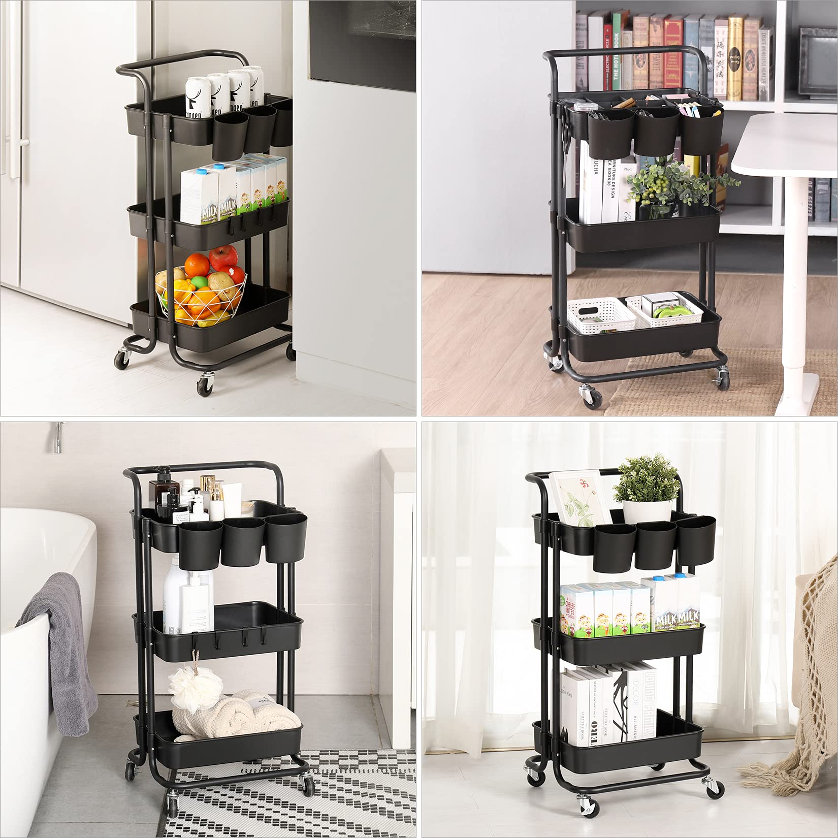 ALVOROG 3-Tier Rolling Utility Cart with Wheels & Hanging Cups - Mobile Storage Organizer for Kitchen, Office, Coffee Bar - Multifunctional Service Cart (Black) - Perfect for Home Organization, Commercial Use & Small Space Storage Solutions