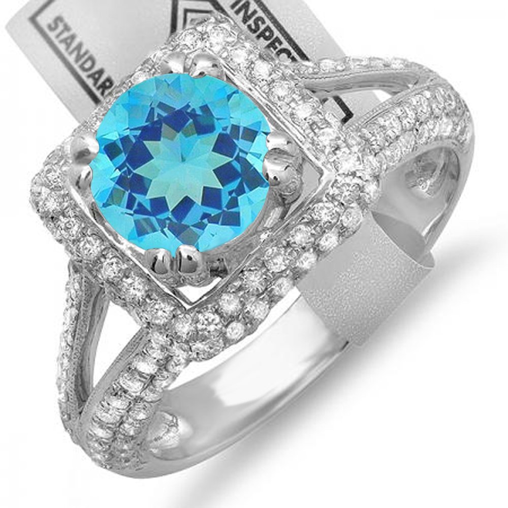 Dazzlingrock Collection 14K Solid White Gold Round Blue Topaz & White Diamond Women's Halo Engagement Ring for Wedding, Proposal, Anniversary Gift