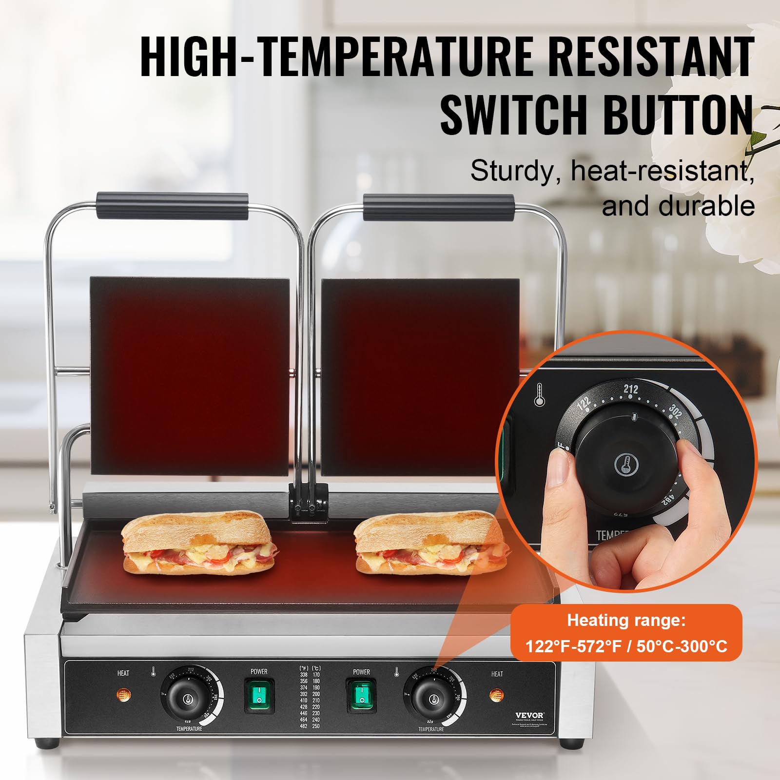 VEVOR 3600W Commercial Panini Grill Press - Stainless Steel Electric Sandwich Maker with Temperature Control & 19