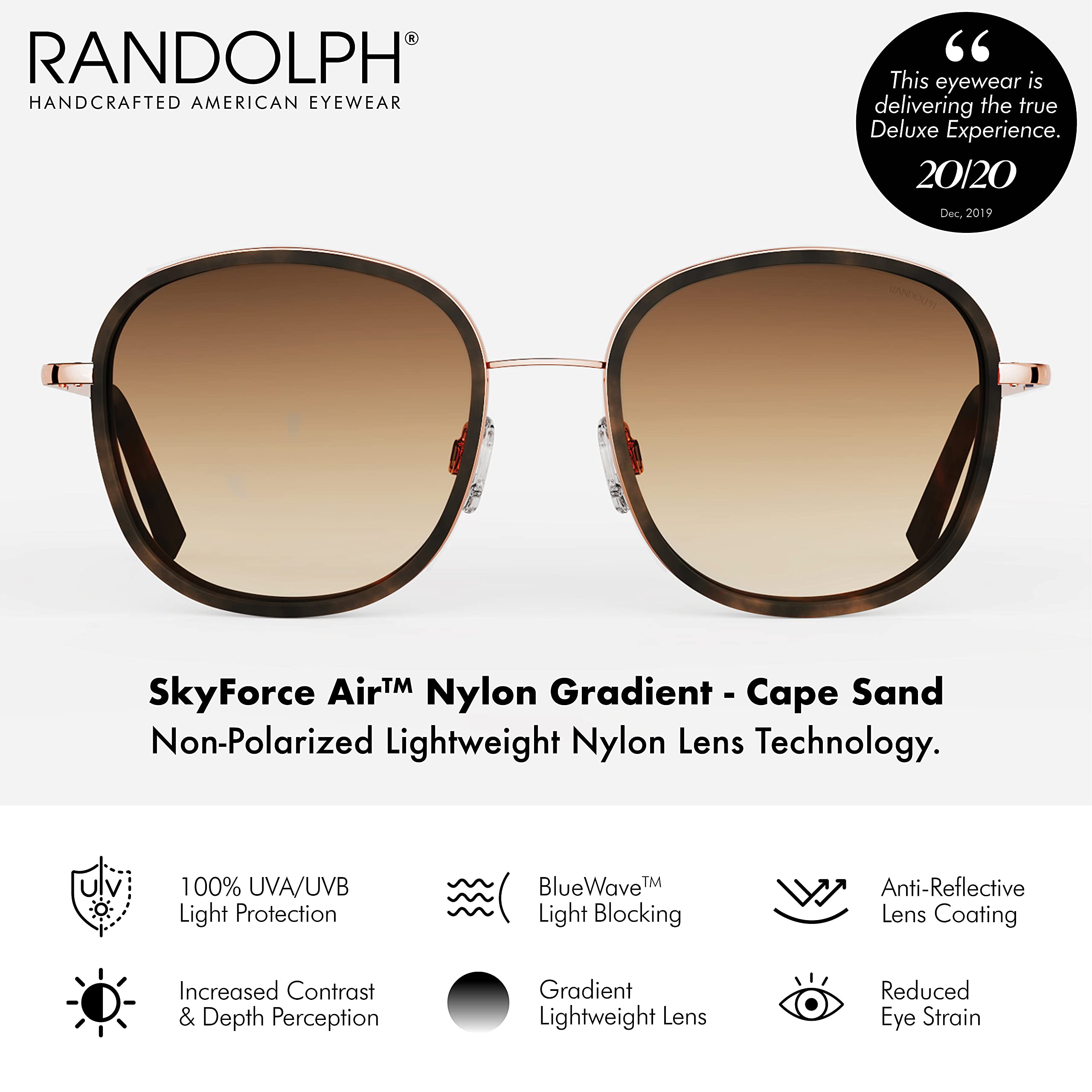 Randolph USA Elinor Inlay Oversized Square Sunglasses for Women - Non-Polarized 100% UV Protection - Fashionable Square Frame for Outdoor Activities, Beach & Driving