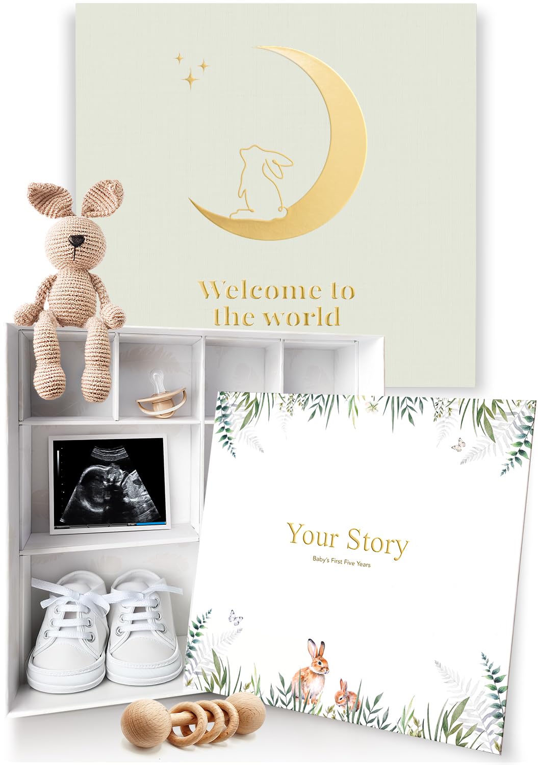 Baby Memory Book & Keepsake Box Set - Gender Neutral Baby Shower Gift for Boys and Girls - First 5 Years Milestone Journal with Photo Album (Green) - Perfect for Newborn Gifts, Christening Presents and First Birthday Celebrations