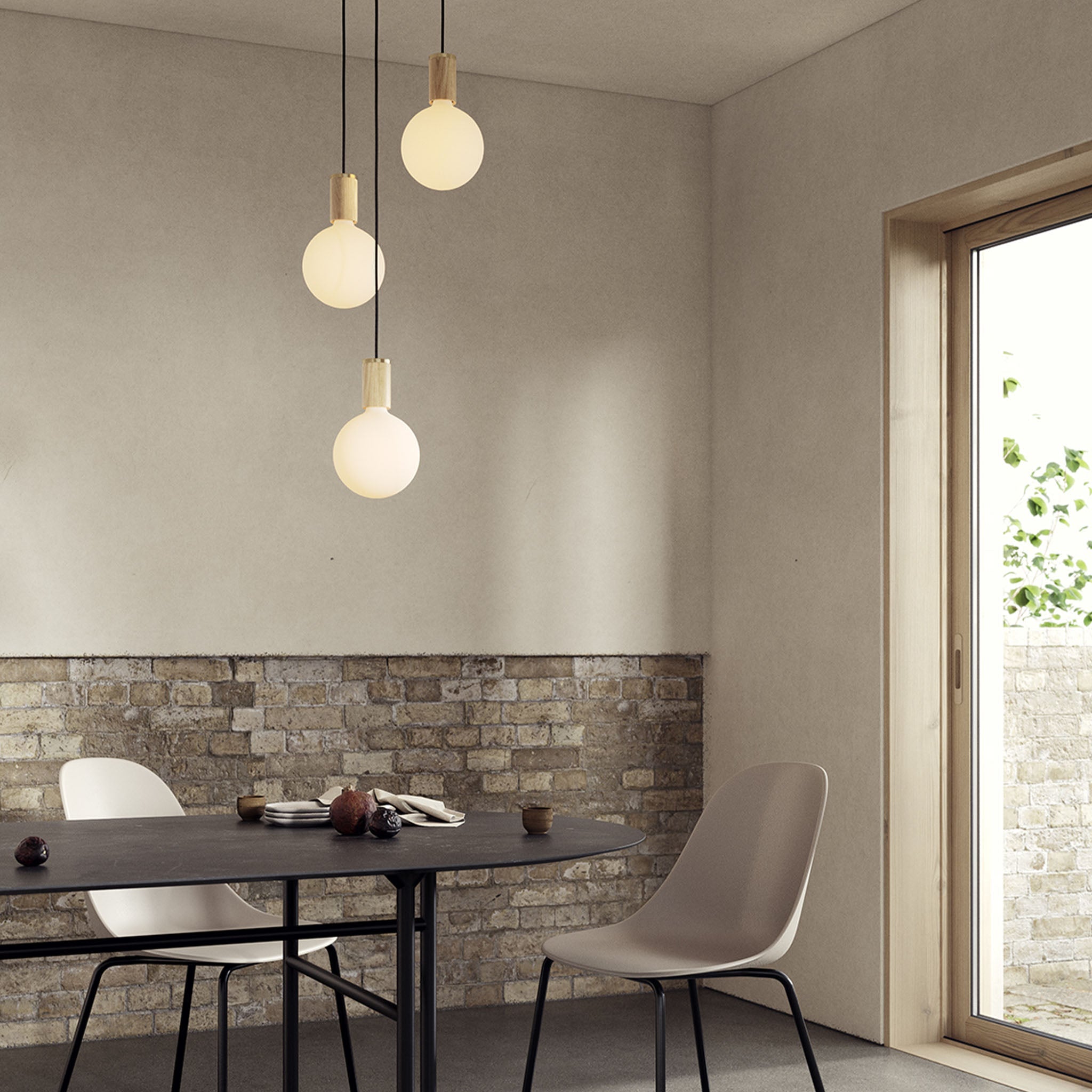 Triple Pendant Oak Wood Sphere IV White Canopy Light Fixture - Perfect for Dining Room, Bedroom, and Modern Home Decor