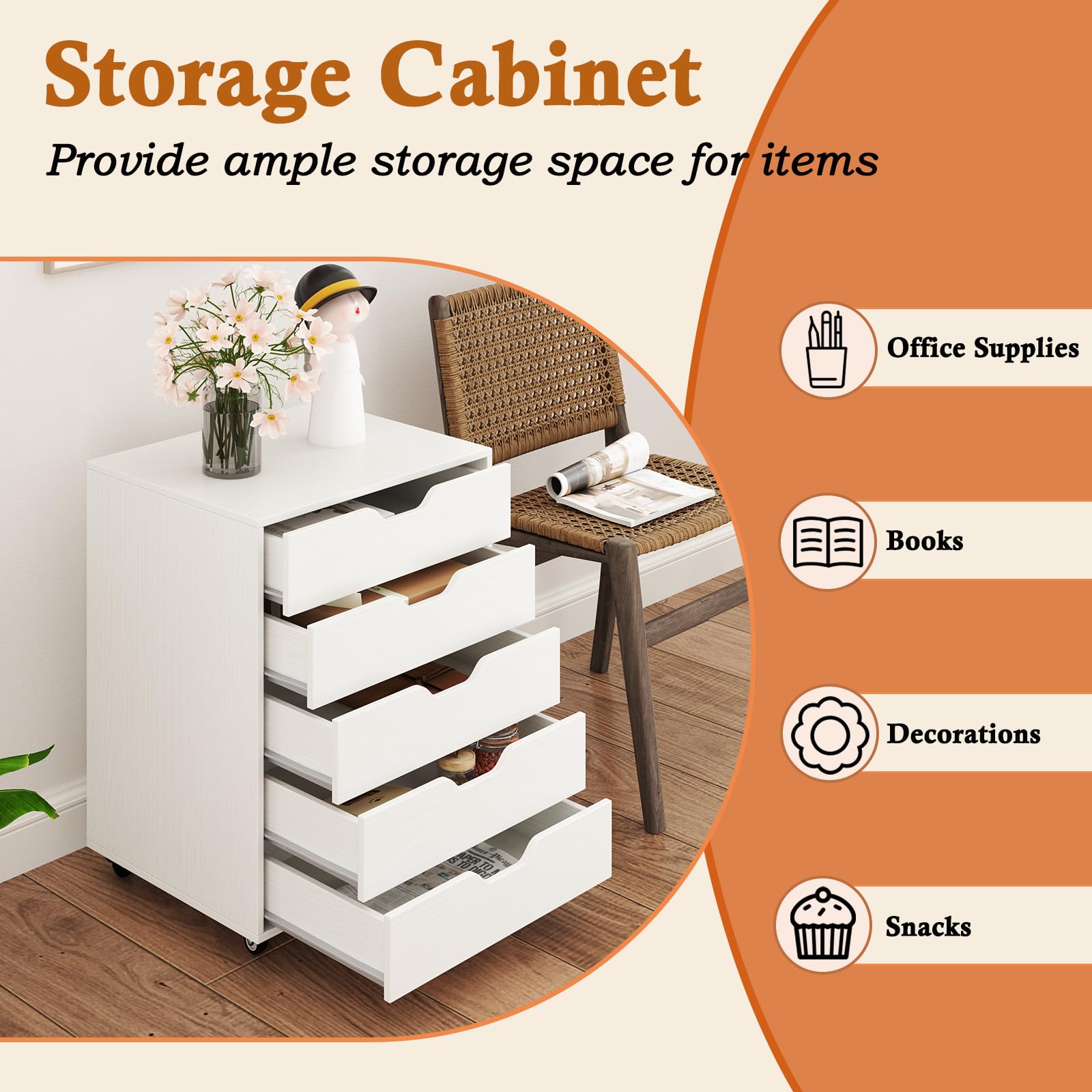 Giantex 5-Drawer Rolling Storage Cabinet with Wheels - Mobile Lateral File Organizer Under Desk, 19.5