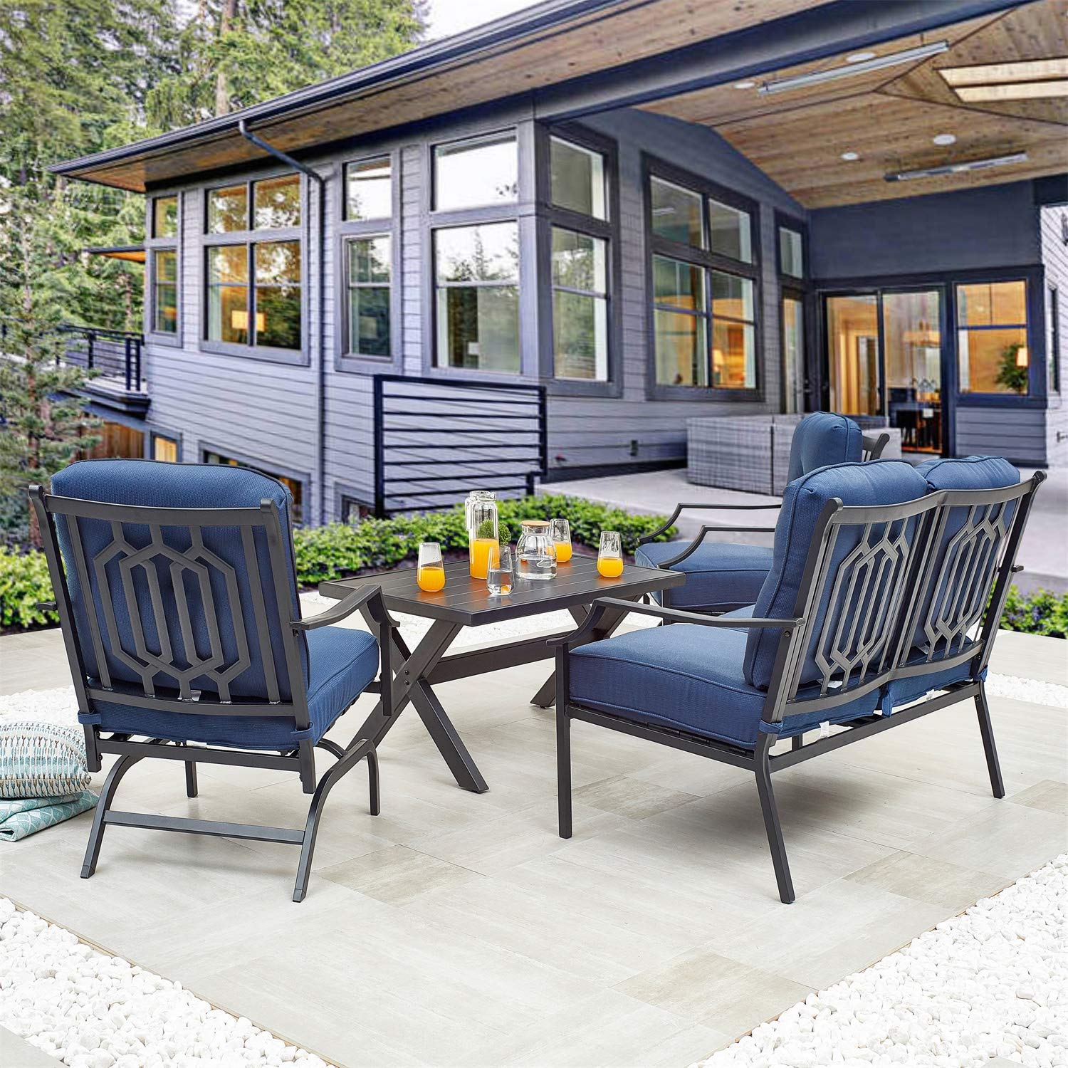 PatioFestival 4-Piece Outdoor Furniture Set - All-Weather Cushioned Metal Loveseat, Lawn Chairs & Coffee Table - Perfect for Poolside, Garden, and Backyard Relaxation