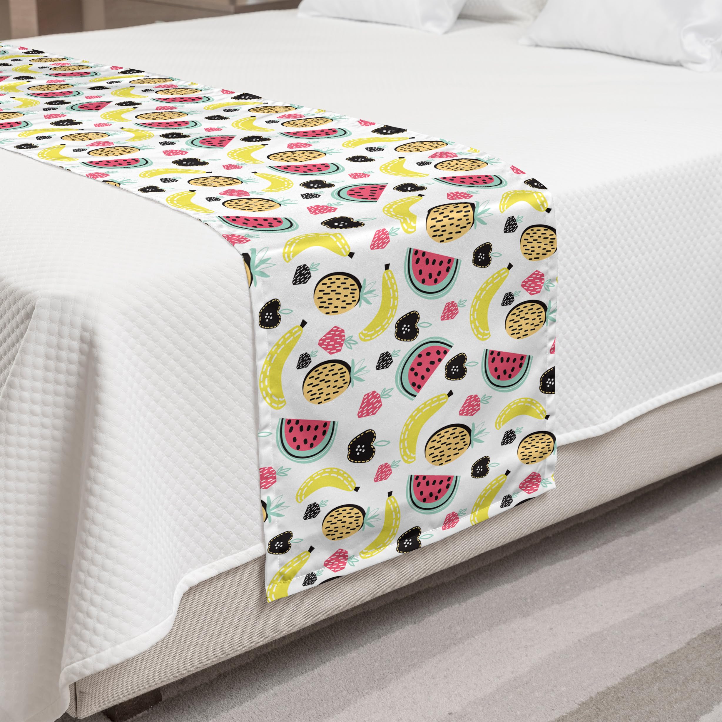 Ambesonne Fruit Bed Runner - Watermelon Banana Pineapple Strawberry Doodle Design, Decorative Accent Bed Scarf for Kids Room, Guest Bedroom & Hotel Decor | Fun Yummy Food Pattern for Summer & Tropical Themed Bedding