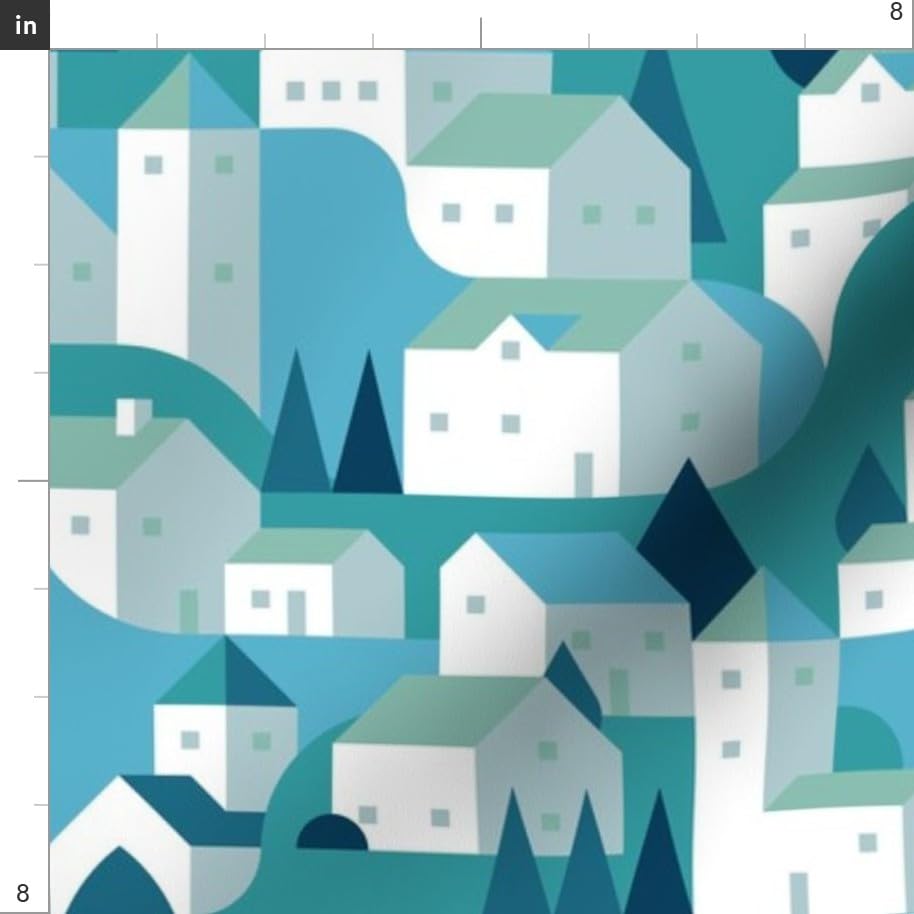 Village Country Tree Geometry Printed Satin Fabric by The Yard - Premium Sewing Material for Apparel, Lining, Fashion, Blankets & Home Decor | Perfect for DIY Projects, Quilting & Upholstery