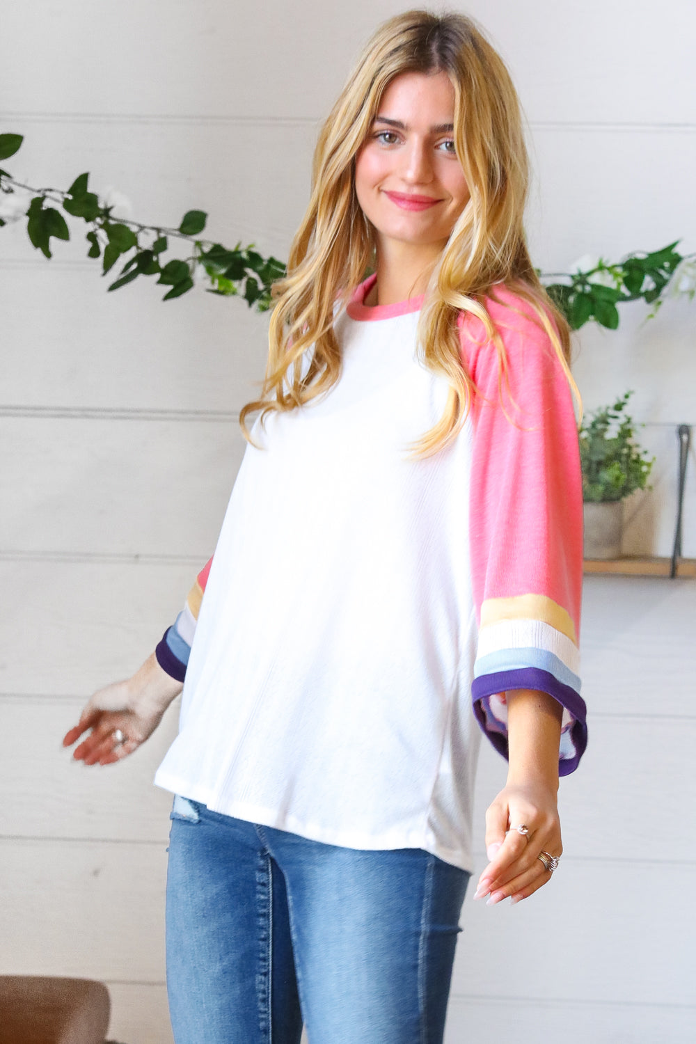 Stylish Pink Pointelle Color Block Wide Sleeve Pullover Sweater | Women's Fashion Knit Top | Perfect for Casual Outings & Layering