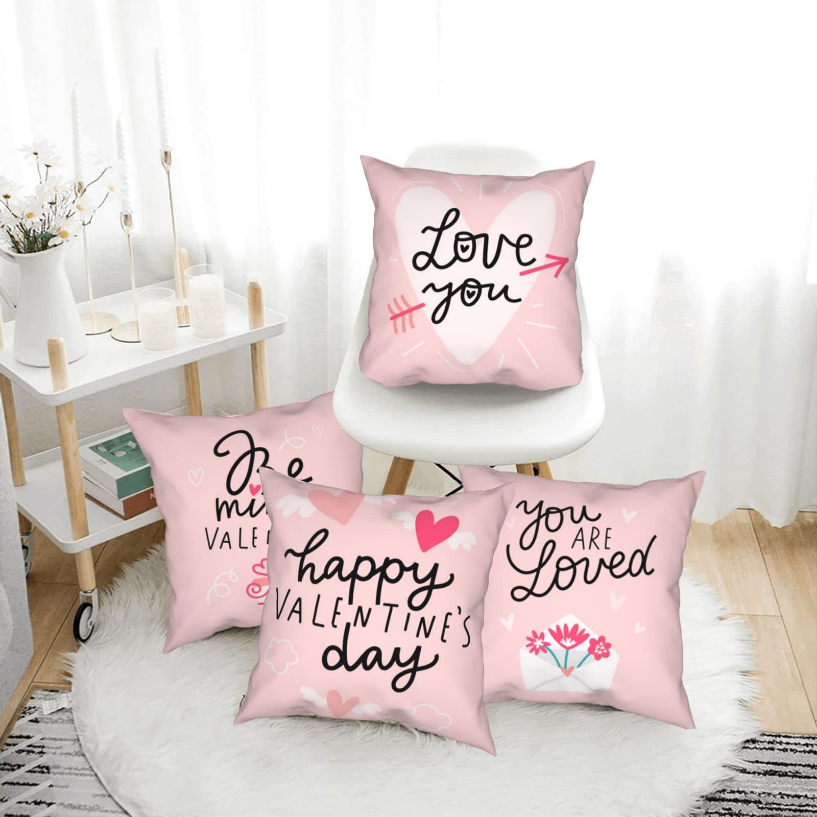 Valentine's Day Pillow Covers Set of 4 - 18x18 Inch Heart & Love Throw Pillow Covers for Sofa, Couch - Romantic Home Decor for Valentine's Gifts, Anniversary, Bedroom & Living Room Decorations
