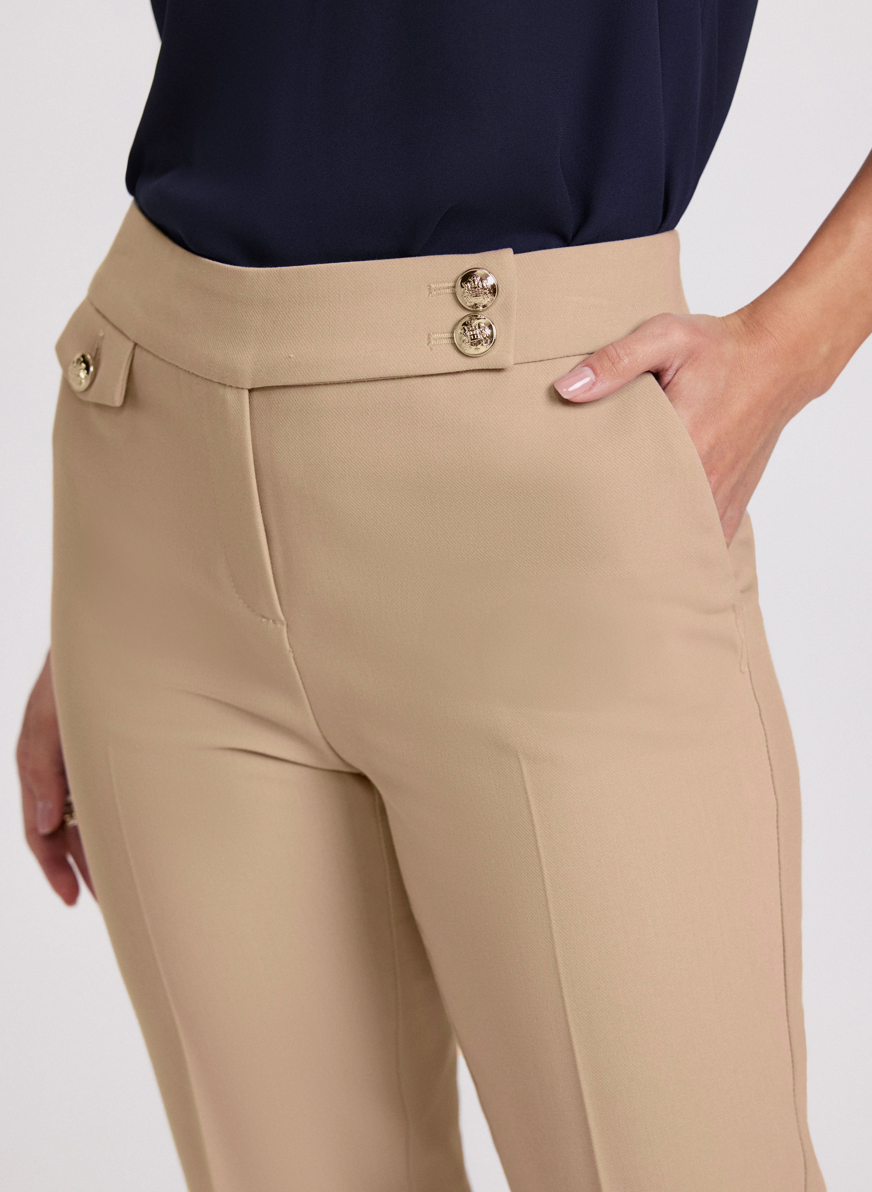 Emma Embossed Button Slim Leg Pants for Women - High Waisted Office Trousers, Stretchy Work Pants for Business Casual & Professional Outfits