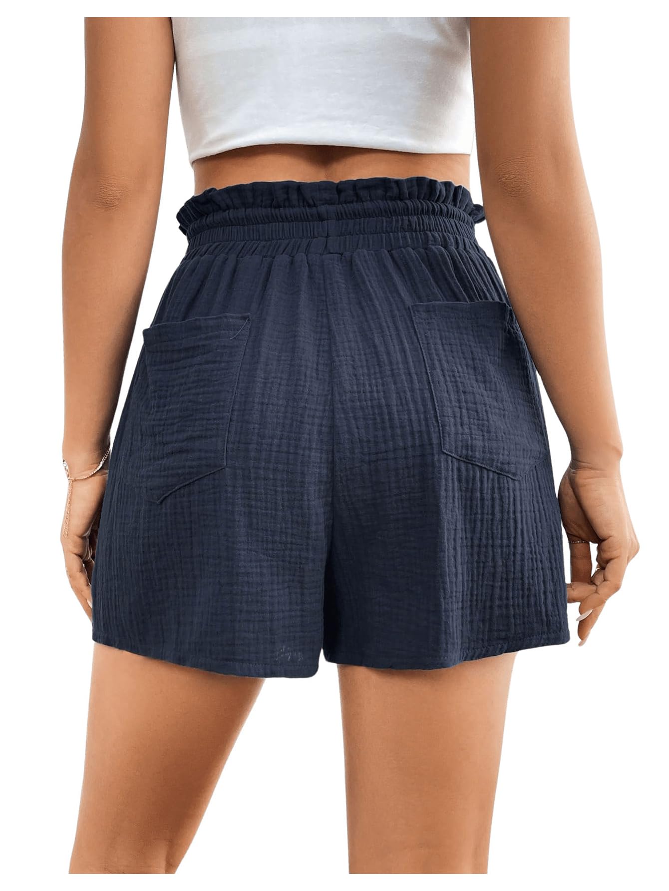 OYOANGLE Women's High Waist Athletic Shorts - Stretchy Textured Elastic Drawstring Casual Workout Running Track Shorts with Pockets - Perfect for Gym, Yoga & Summer Outdoor Activities