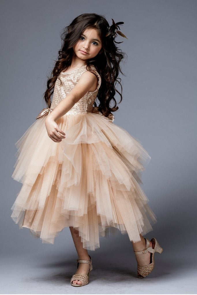 Champagne Sequin Ruffle Tiered Party Dress for Big Girls Size 8-12 | Elegant Special Occasion Gown for Prom, Quinceañera & Pageant