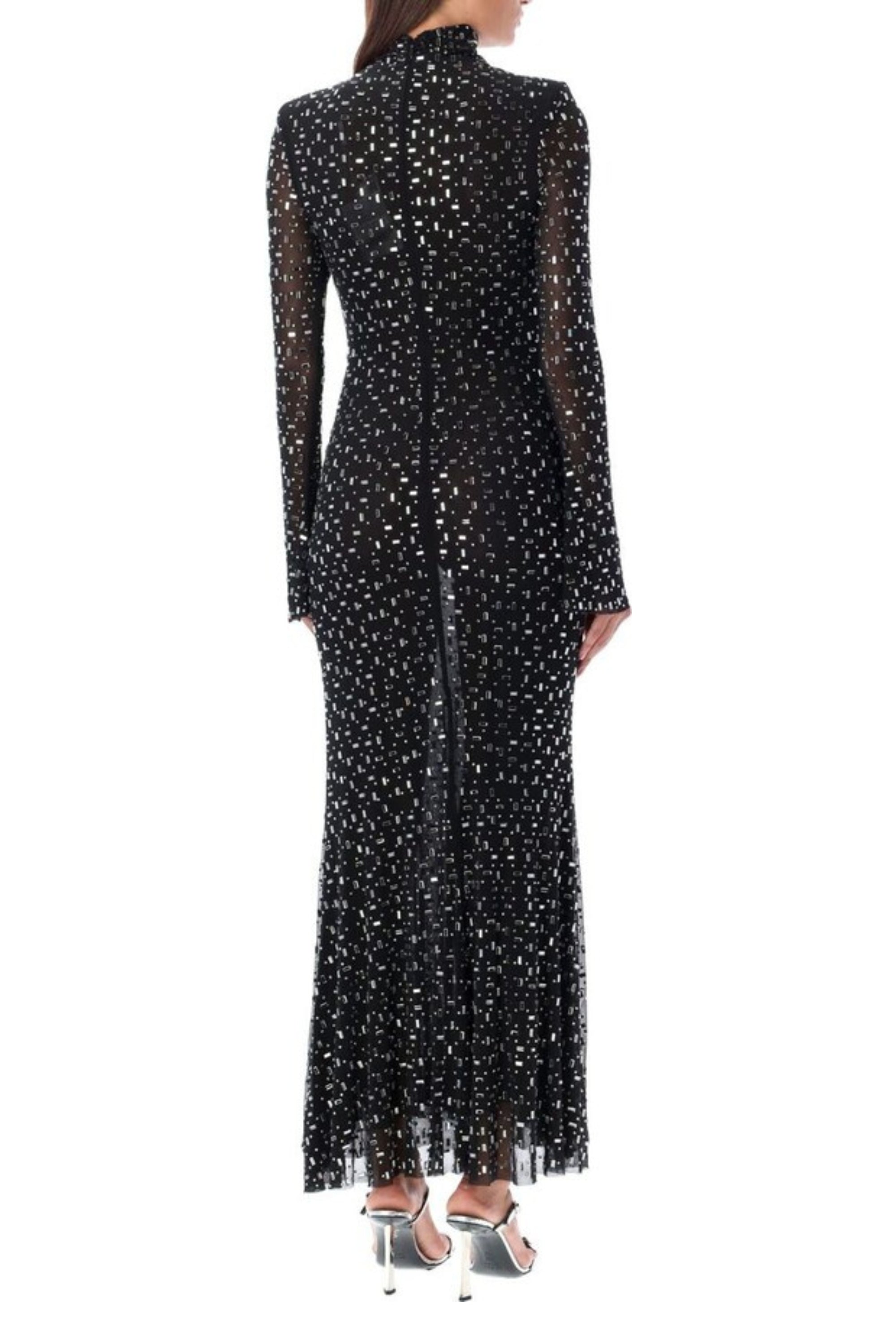 Elegant Black Crystal Embellished Mesh Midi Dress for Women - Perfect for Evening Parties, Weddings & Special Occasions