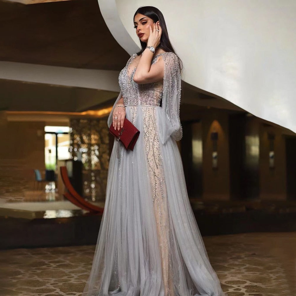 Elegant Grey A-Line Evening Dress with Diamond Beading for Women - Luxury Sexy Party Gown for Formal Events, Prom, Wedding & Special Occasions - Serene Hill Collection LA70788