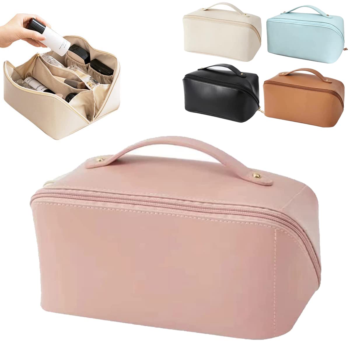 YOOUS Large Capacity Waterproof Leather Travel Cosmetic Bag for Women - Portable Makeup Organizer with Handle & Divider - Perfect for Toiletries, Cosmetics & Travel Essentials (Pink) | Ideal for Vacation, Business Trips & Daily Use