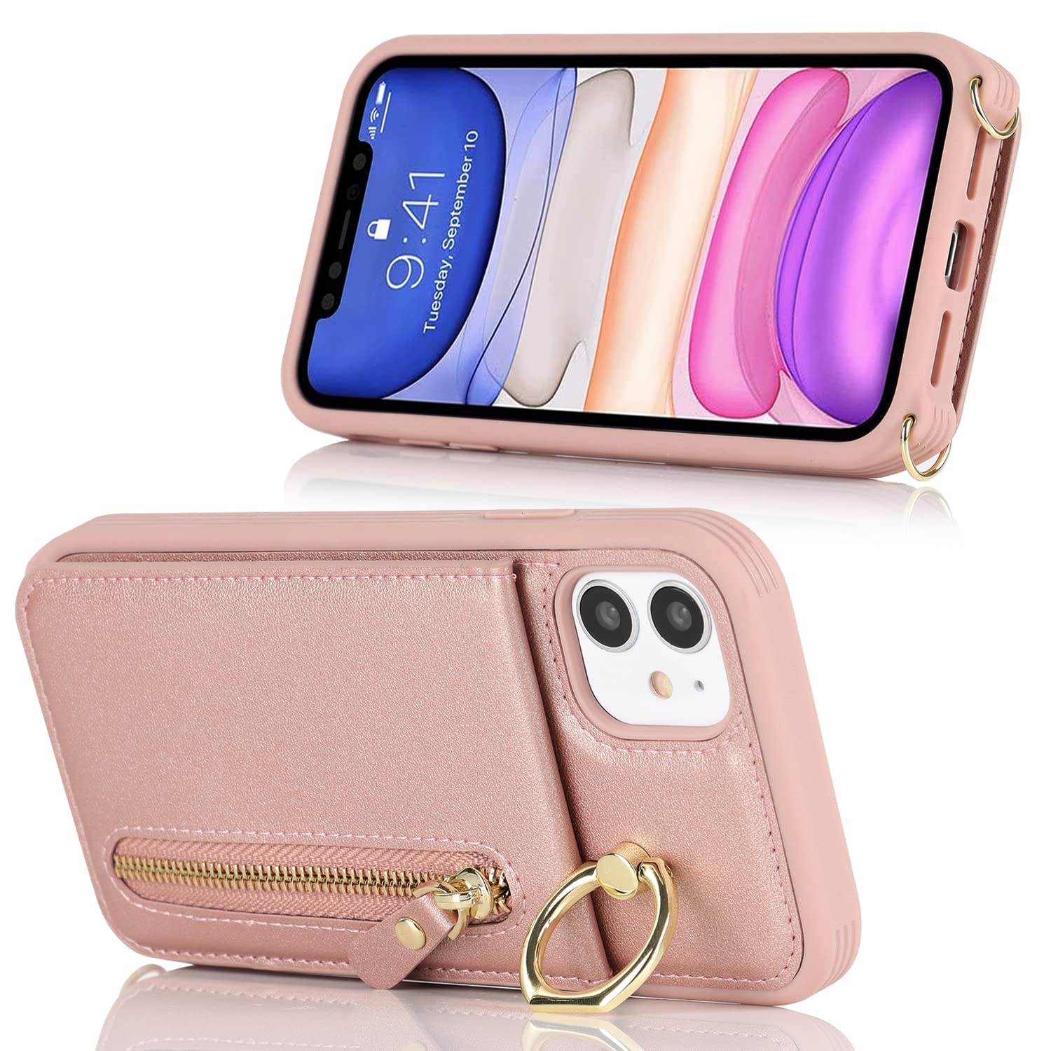 Premium Shockproof iPhone 11 Case with Card Holder & Kickstand - Rose Gold Wallet Phone Case for Women with Crossbody Strap & Zipper Closure | Perfect for Travel, Shopping & Everyday Protection