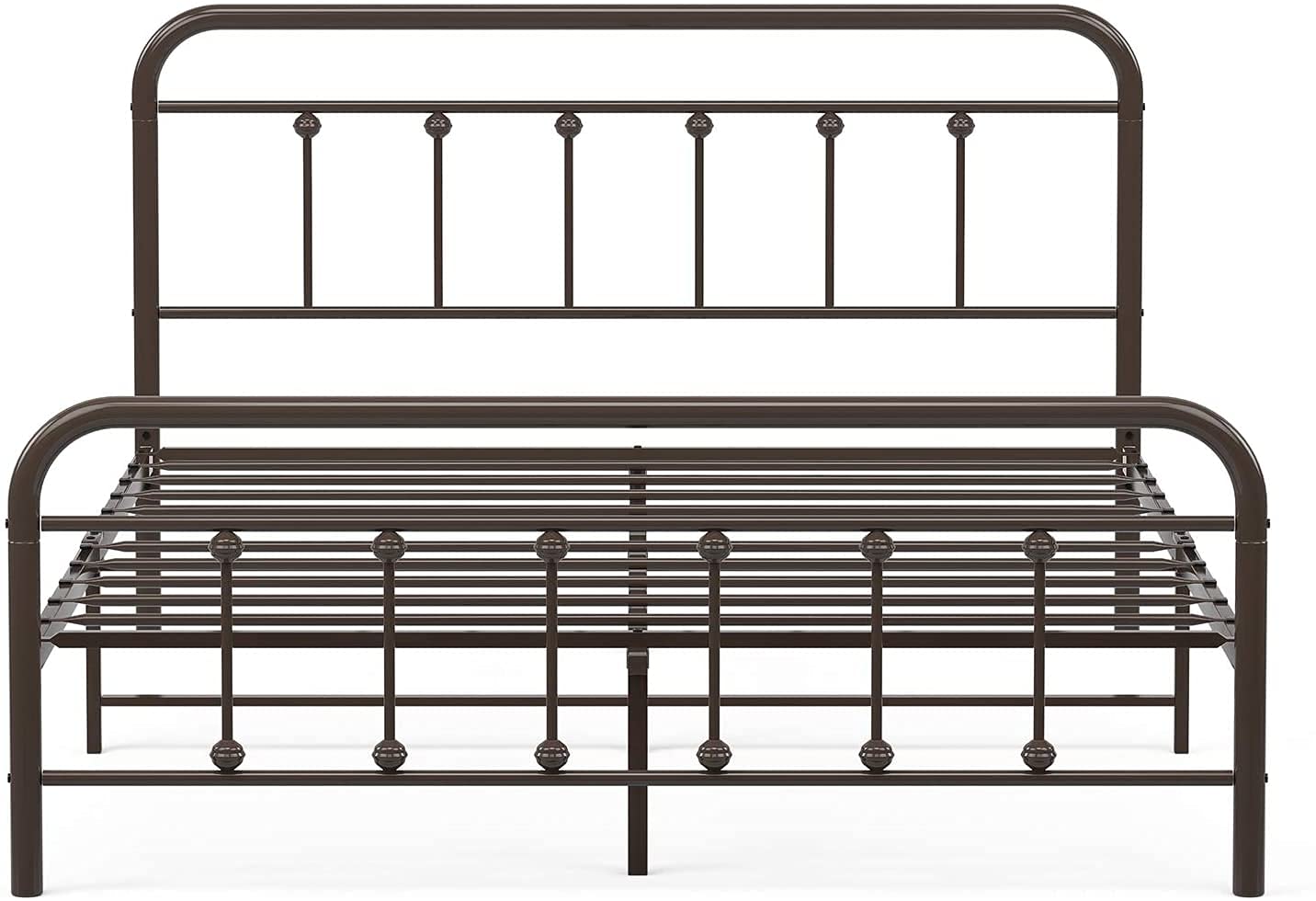 Queen Metal Bed Frame with Headboard & Footboard - Sturdy Steel Farmhouse Bedframe, No Box Spring Needed, Under Bed Storage - Perfect for Kids' Rooms, Guest Bedrooms & Small Spaces (Brown)