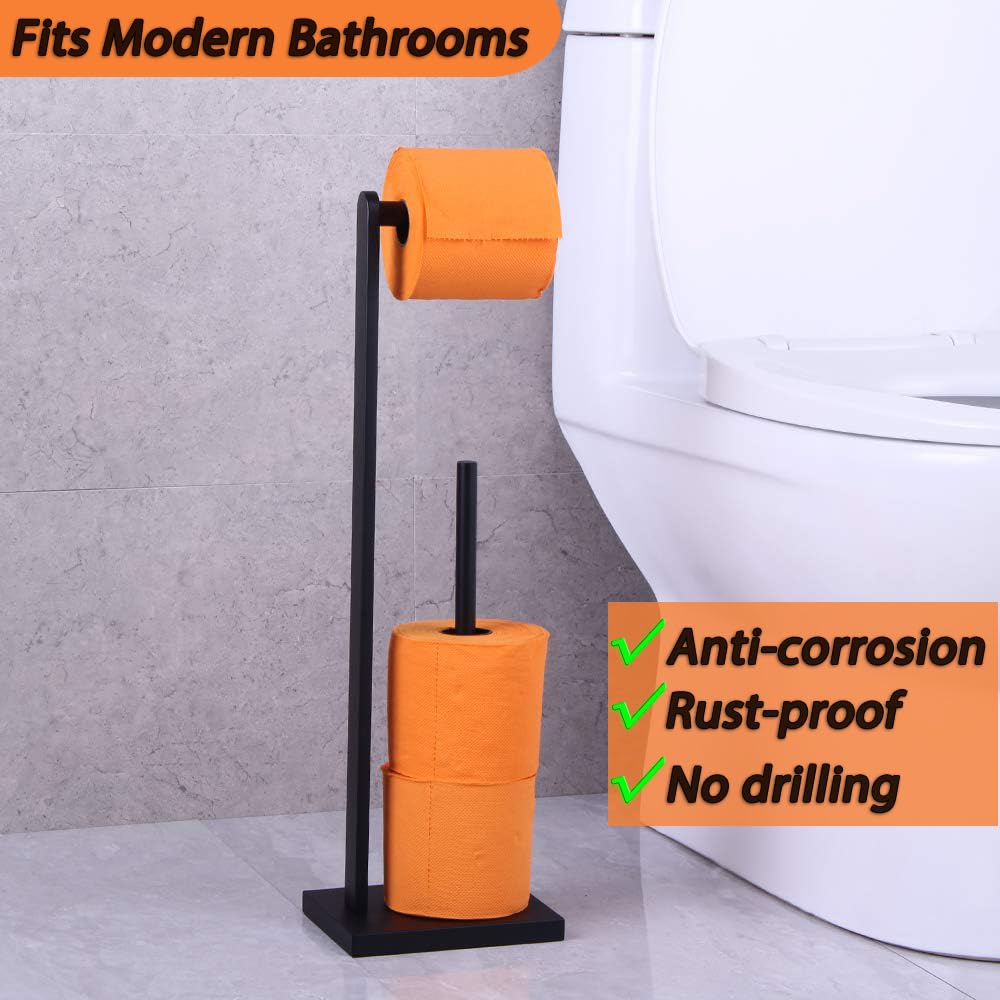 GERZWY SUS 304 Stainless Steel Free Standing Toilet Paper Holder - Matte Black Bathroom Tissue Roll Stand for Bathroom, Toilet, Powder Room & Guest Bath Decor