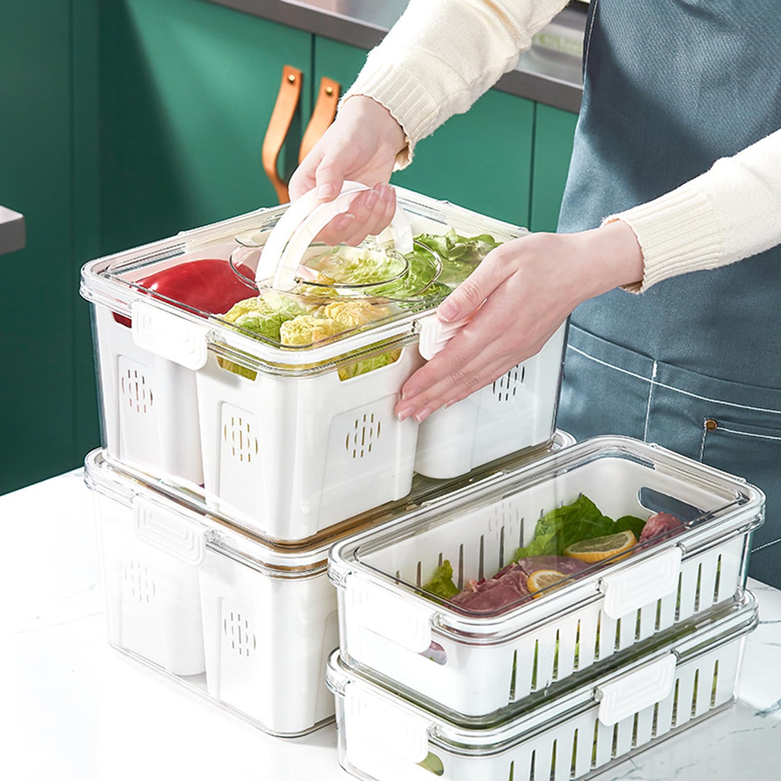 2-Pack Clear Stackable Refrigerator Organizer Containers with Lids - 2 Compartment Fridge Storage Bins for Fruits, Vegetables & Meal Prep - Space Saving Kitchen Organization Solution