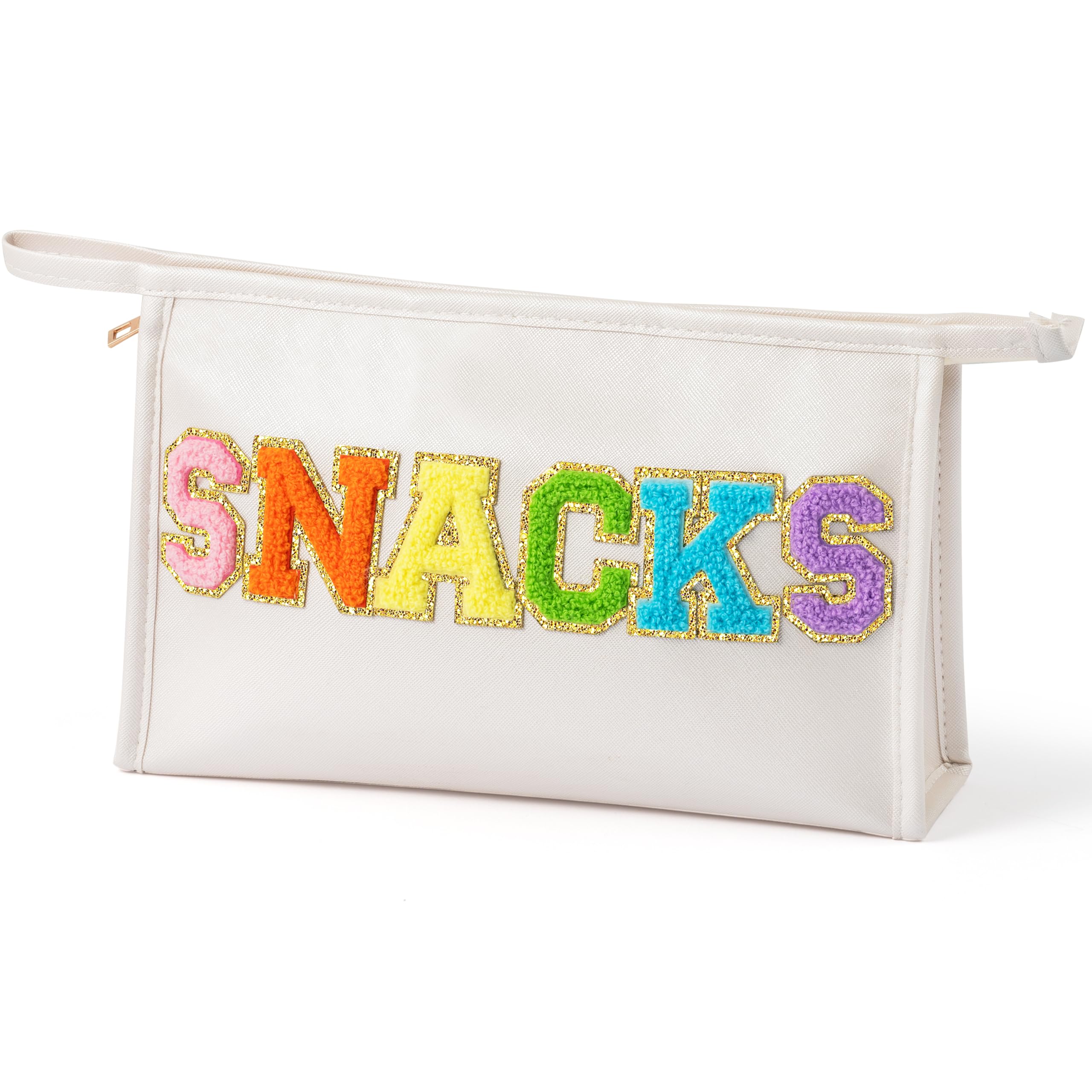 Y1tvei Large SNACKS Bag Pouch - Waterproof PU Leather Makeup Organizer with Chenille Letter Design, Travel Cosmetic Bag for Women (White) | Perfect for Travel, Gym, Beach & Daily Essentials Storage