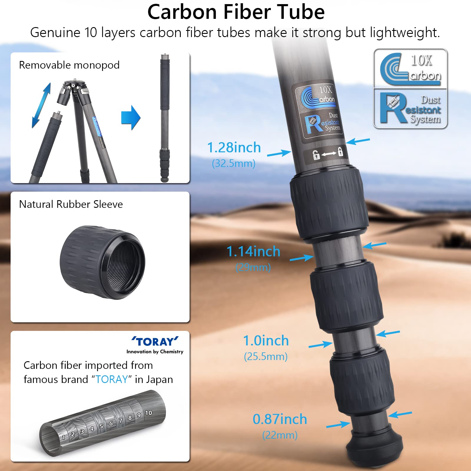 32.5mm Ultra Lightweight Carbon Fiber Tripod with Carry Bag - 10-Layer Heavy Duty Travel Camera Stand & Detachable Monopod for Canon Sony Nikon DSLR Cameras - Supports 25kg Load - Perfect for Travel, Hiking, Vlogging and Outdoor Photography