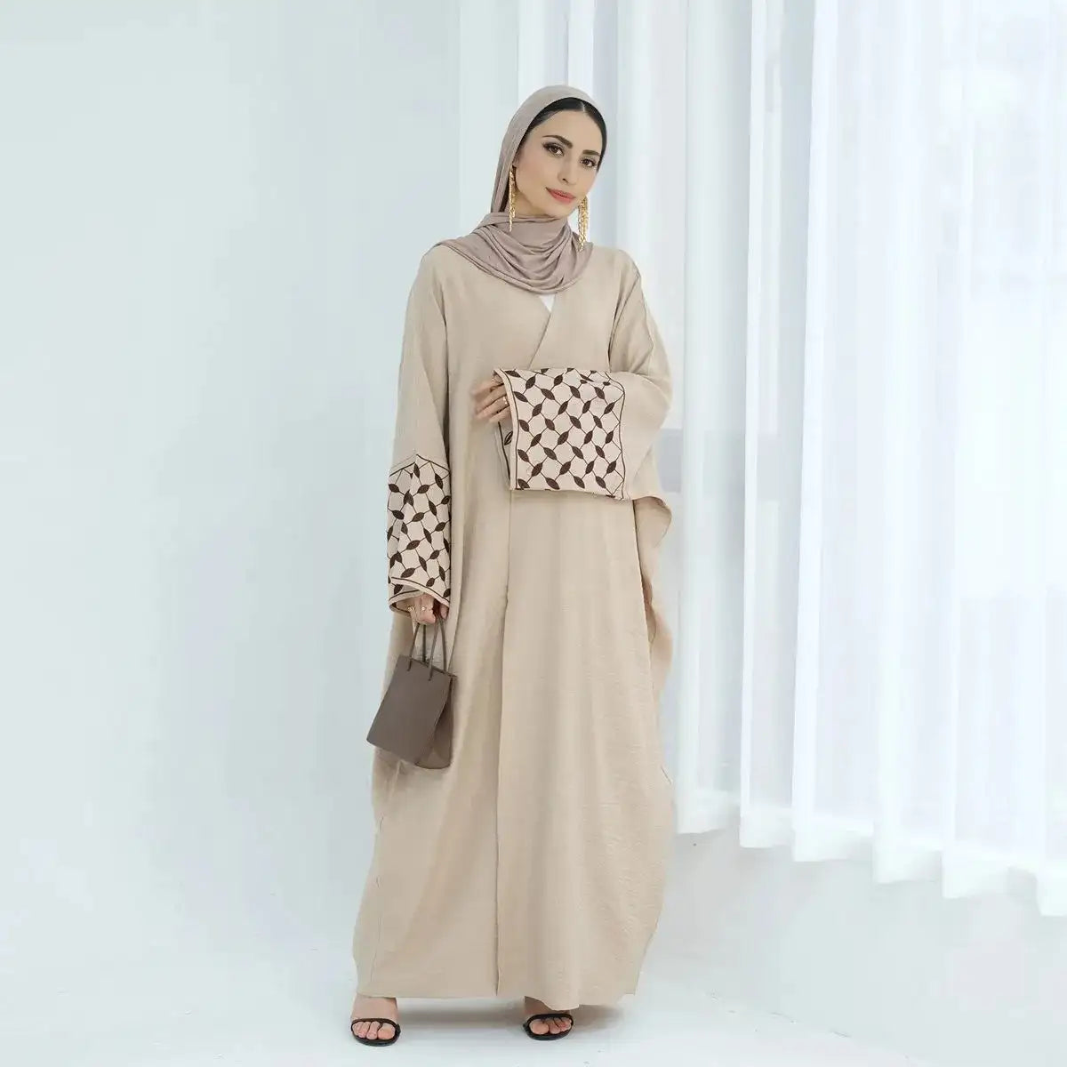 Elegant Embroidered Keffiyeh Sleeve Wrinkle Cardigan Open Abaya Dress for Women - Boho Chic Loungewear & Modest Fashion Outfit