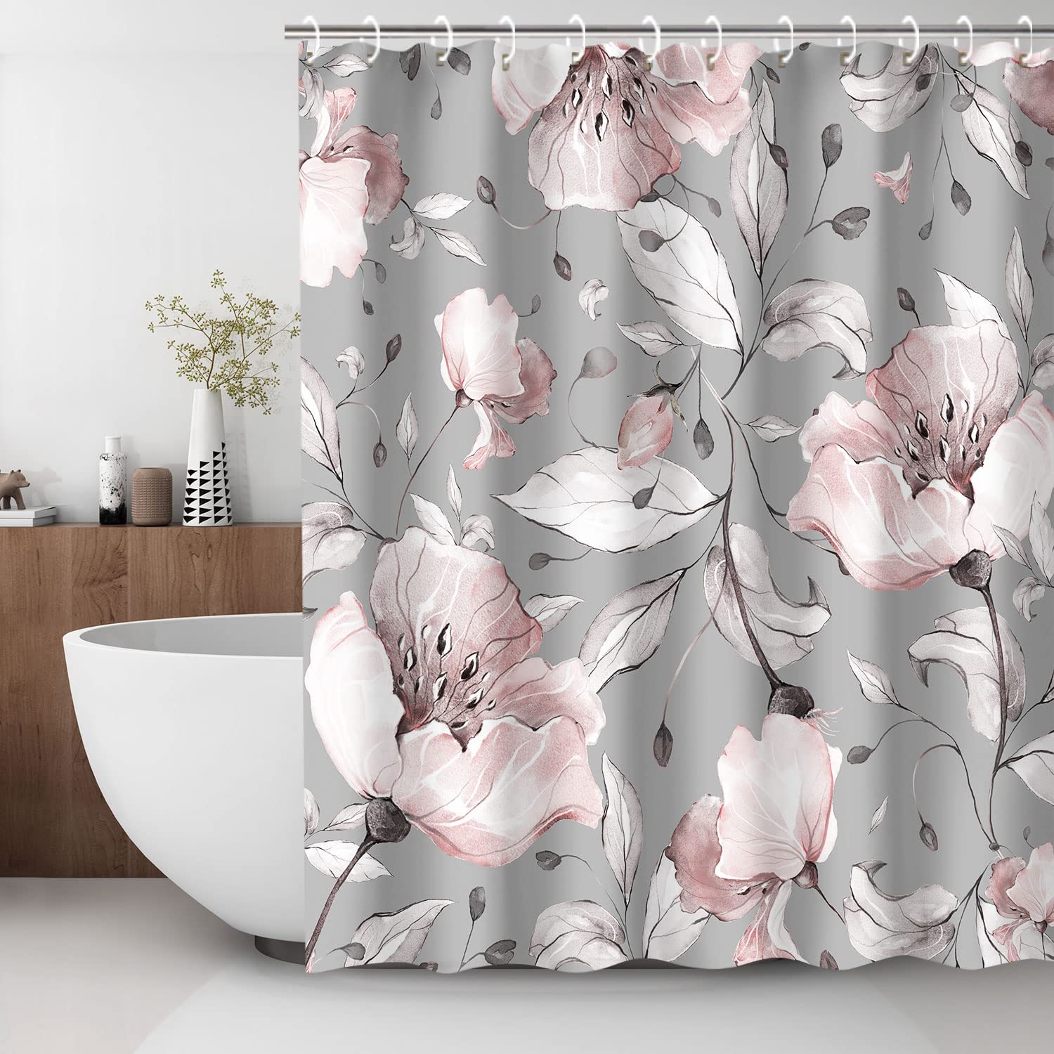 RosieLily Pink Floral Shower Curtain Set - Waterproof Grey Background Bathroom Decor with Hooks - 72x72 Inch Washable Fabric Shower Curtain for Modern Bathroom, Guest Bath, or Master Suite