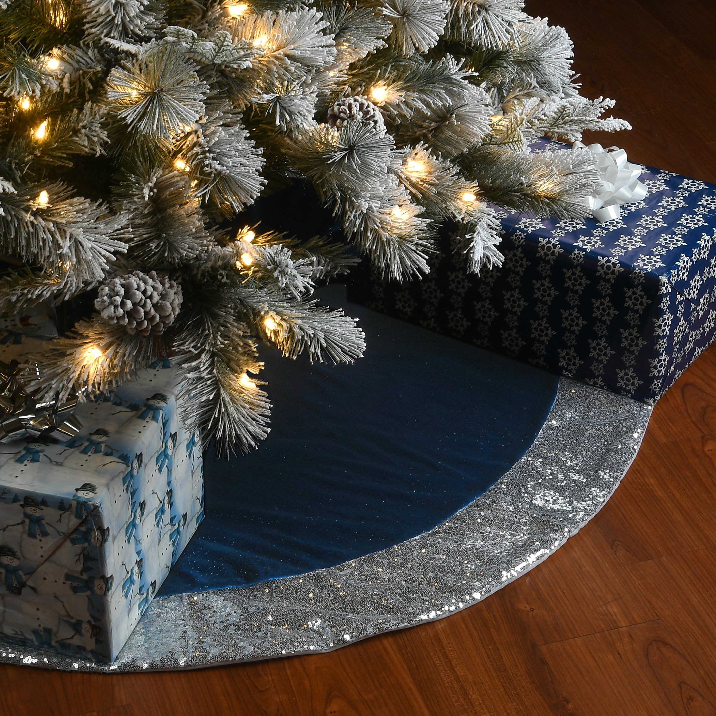 52 Inch Christmas Tree Skirt - Navy Blue and Silver Arctic Lights Collection for Holiday Decorations - Perfect for Christmas Tree Decor, Festive Home Decor, and Holiday Parties